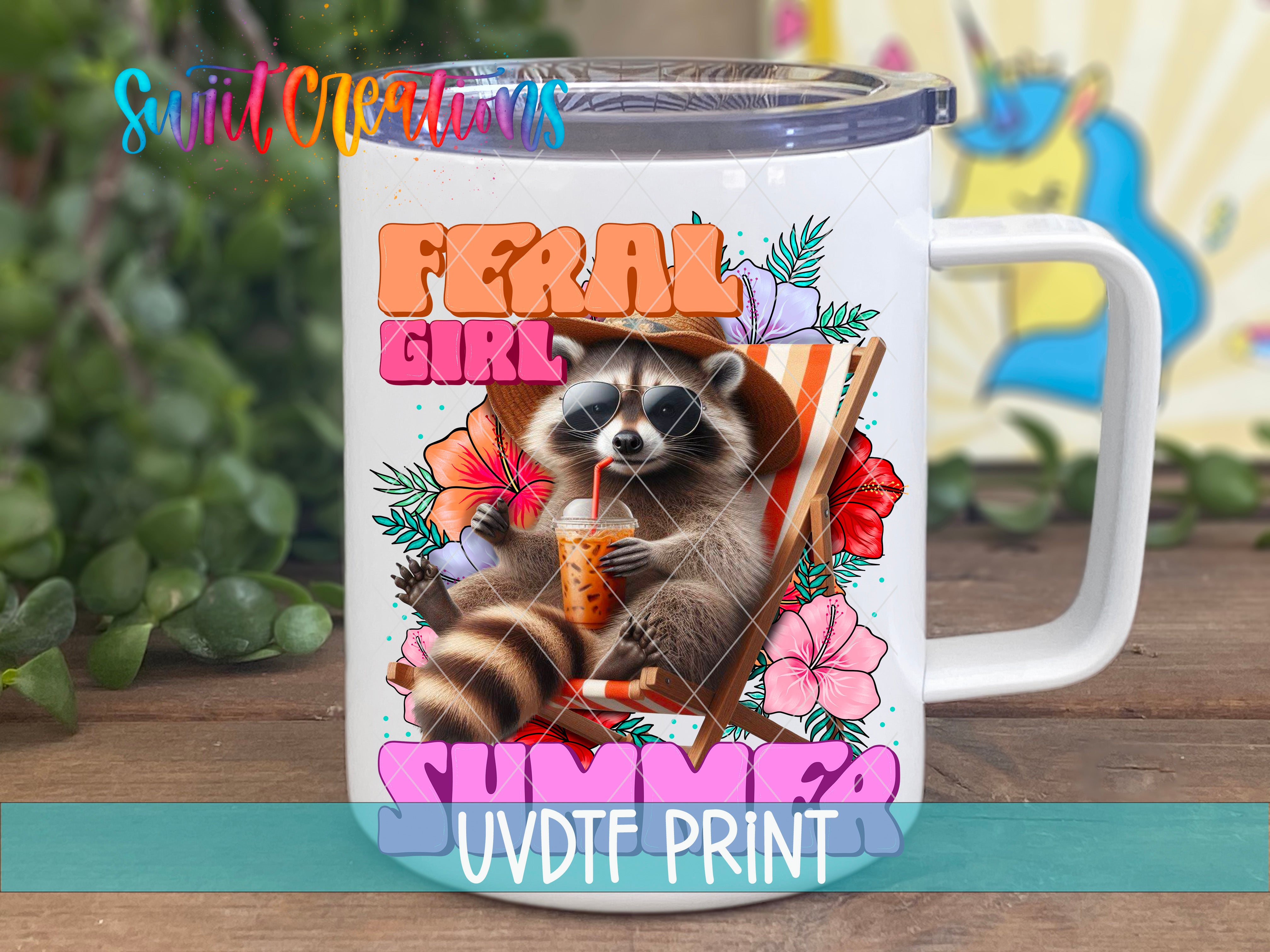 A mug with a raccoon sitting in a chair and holding a drink, surrounded by colorful flowers and plants.