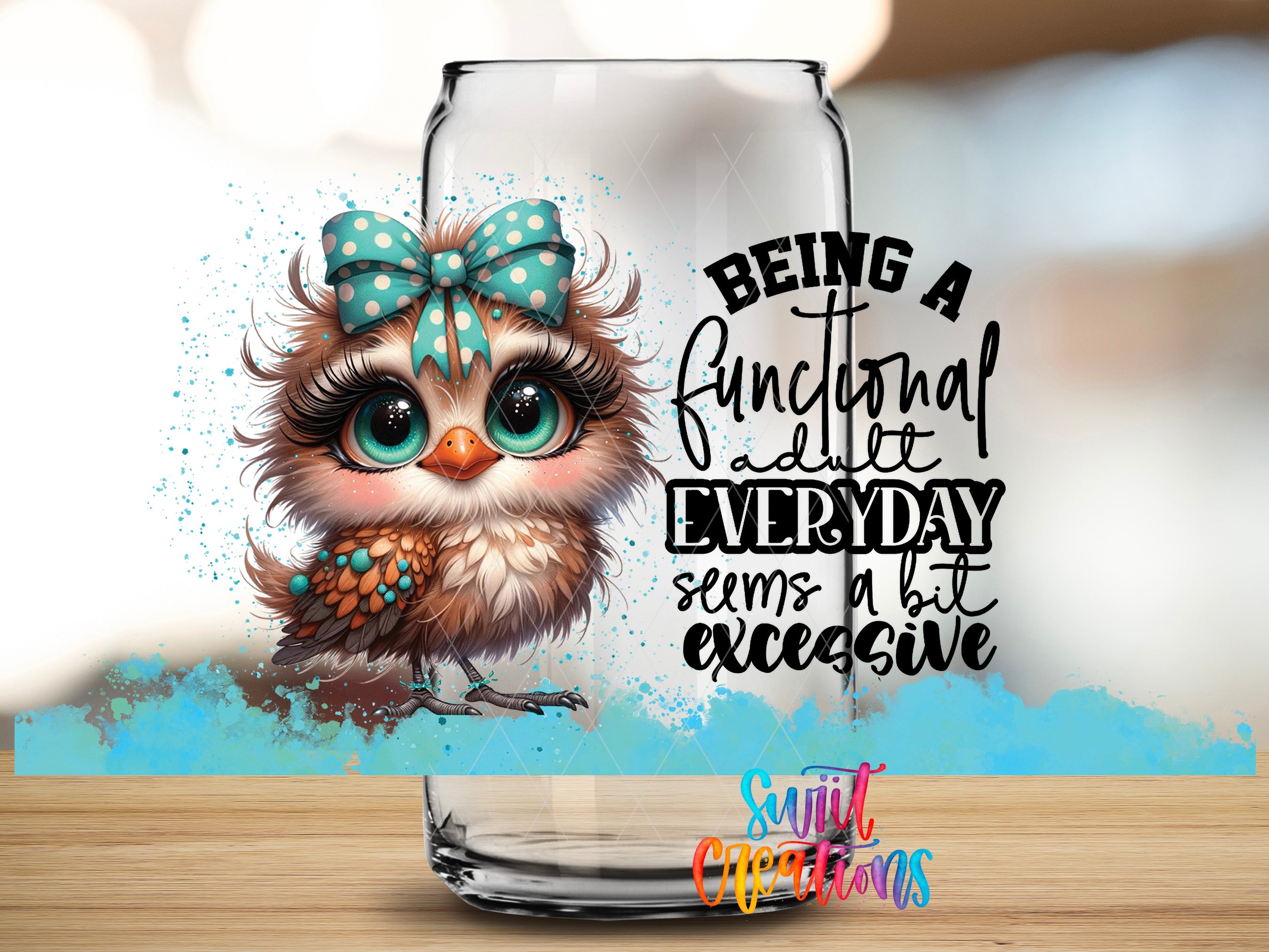 A cartoon owl wearing a polka dot bow and sitting inside a glass jar with a blue background.