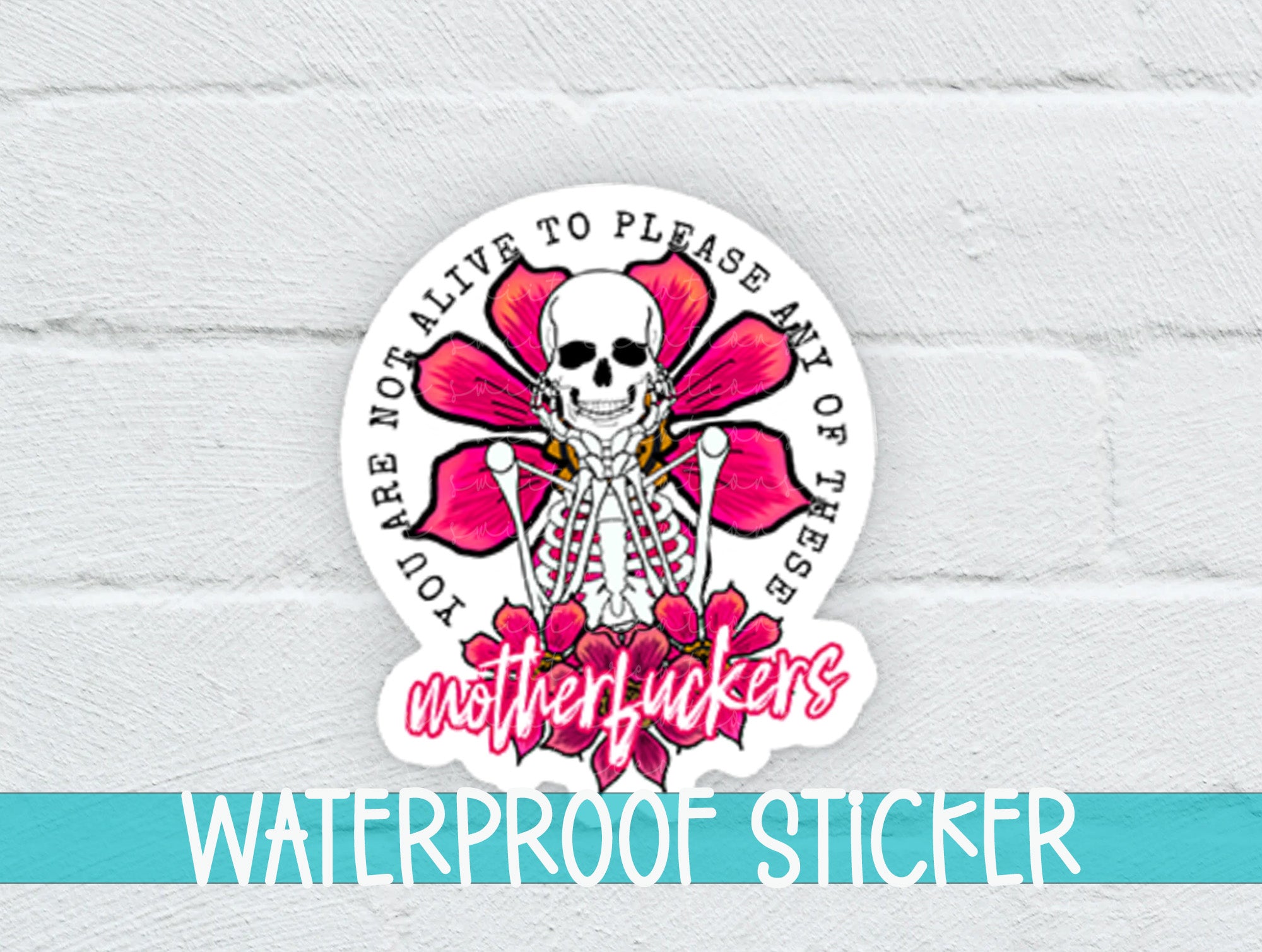 a white brick wall with a sticker on it