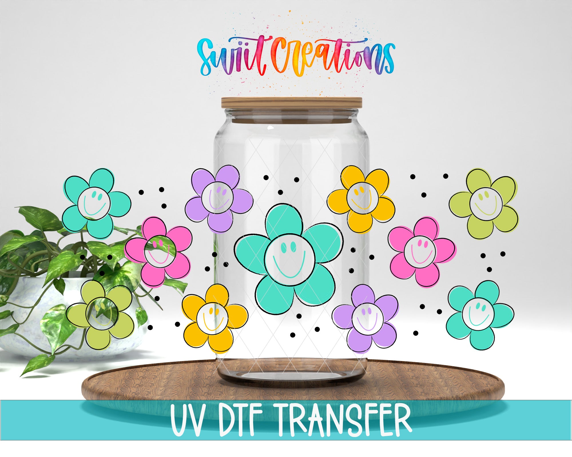 a clear glass jar with a lid, surrounded by colorful flower illustrations, and there is a plant in the background.