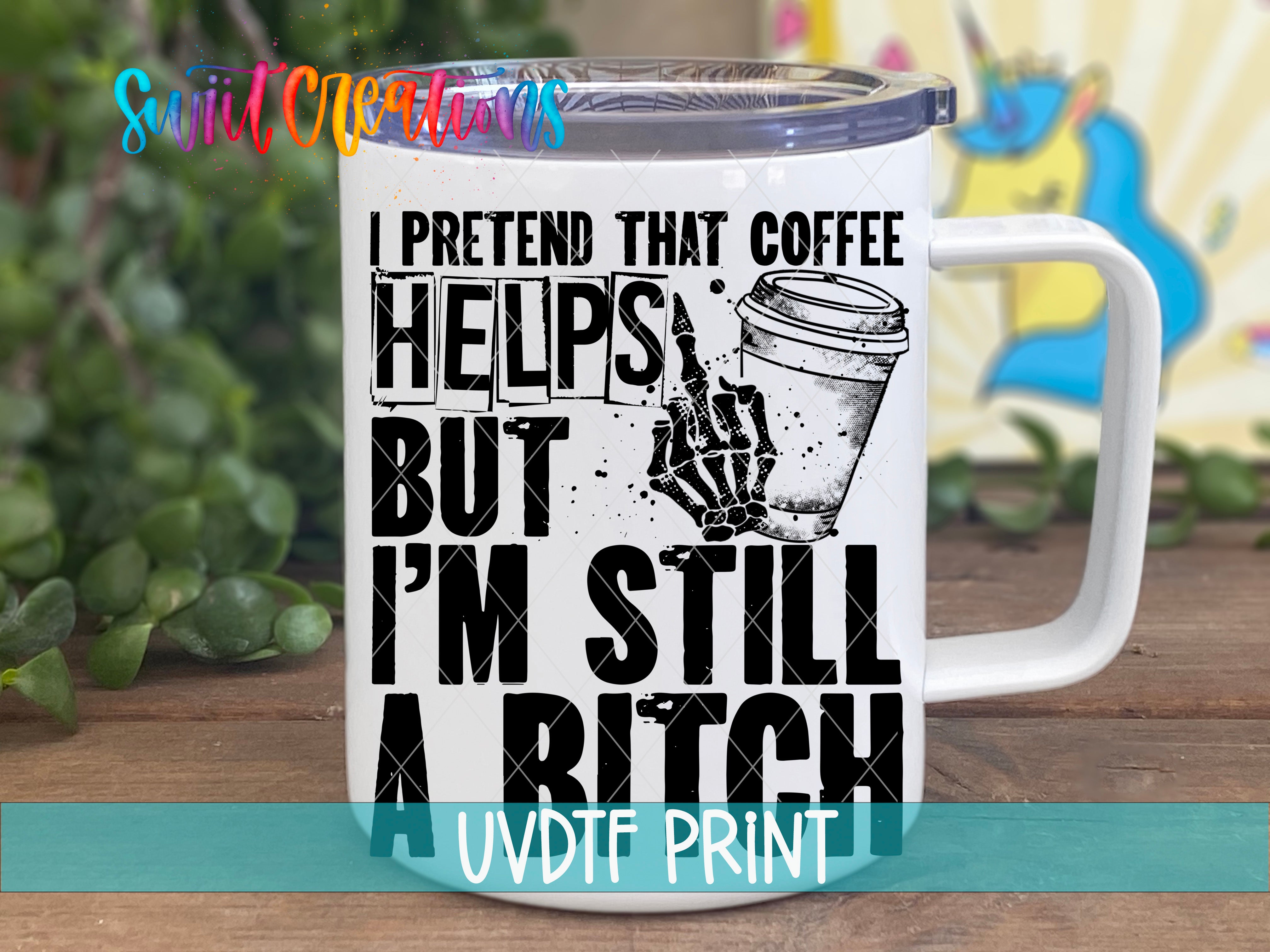 A white mug with a humorous text and graphic printed on it, placed on a wooden surface with some greenery in the background.