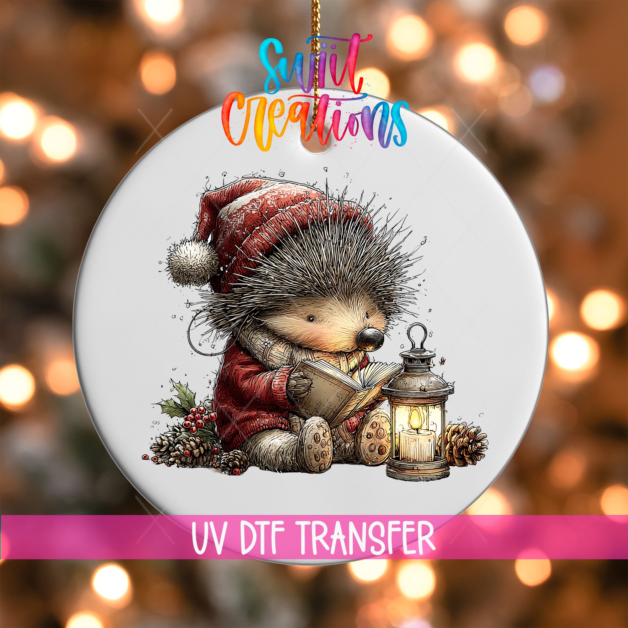A porcelain ornament featuring a hedgehog wearing a red hat and holding a lantern, with pine cones and berries around it. The ornament is set against a background of colorful lights.