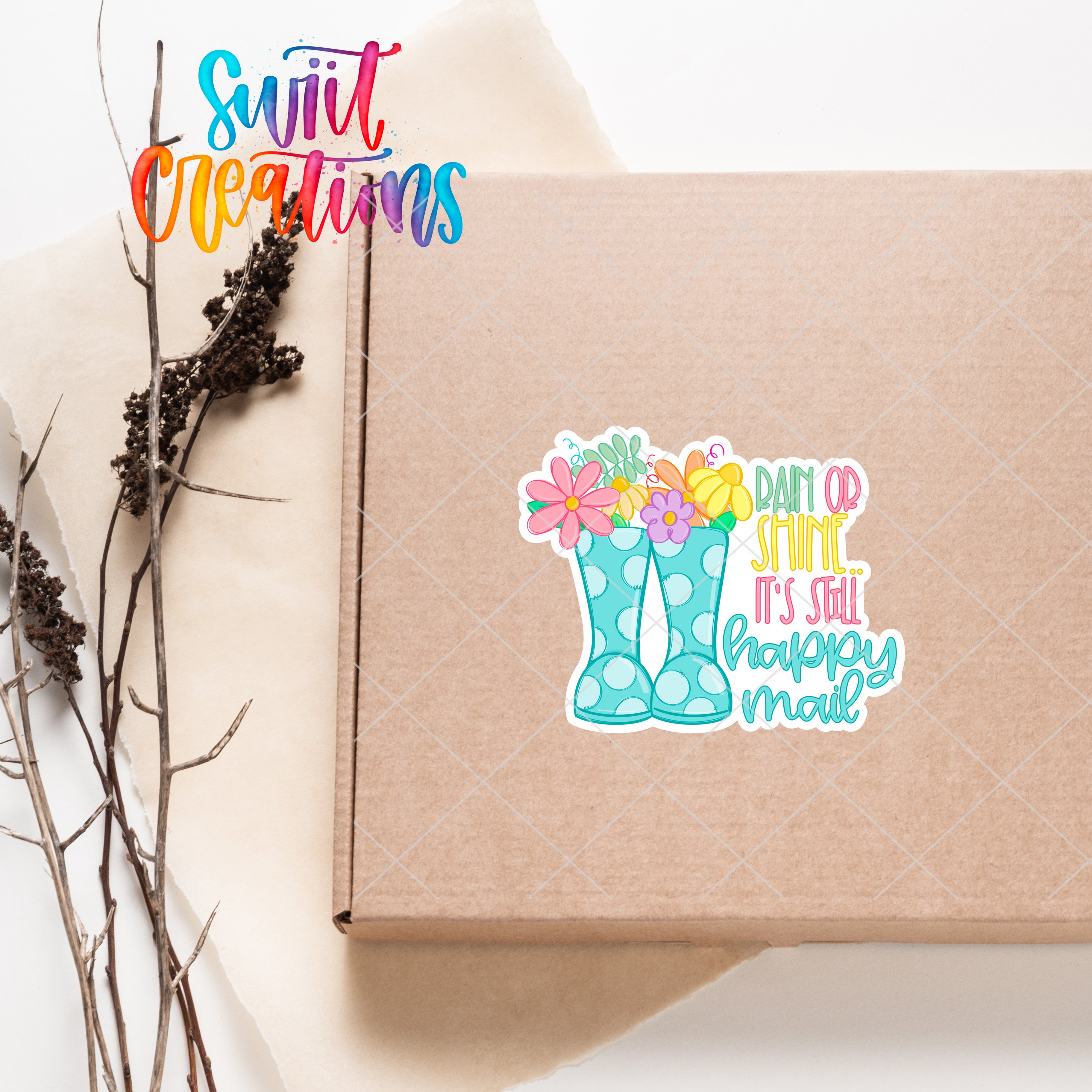 a box with a sticker of a boot with flowers on it