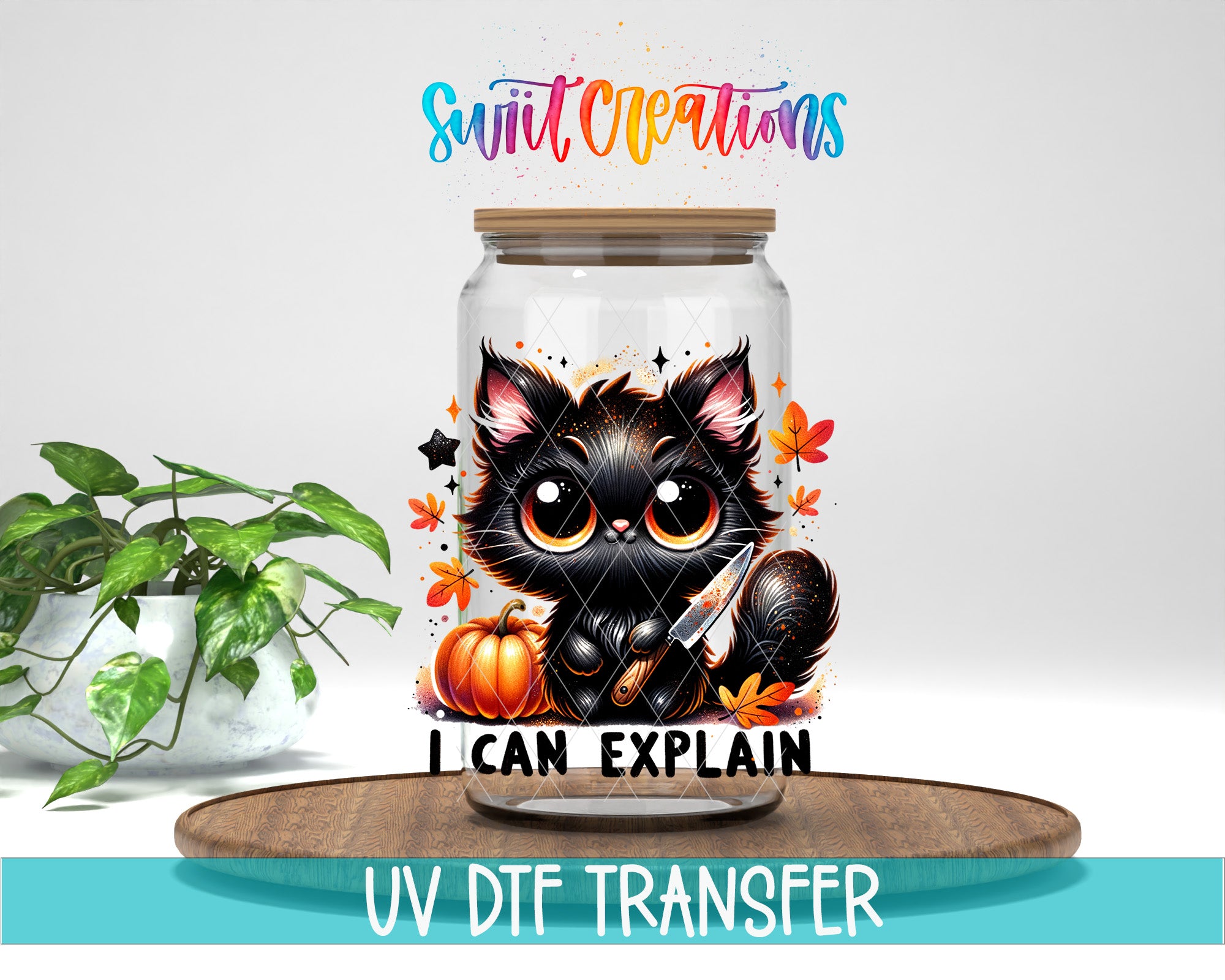 A glass jar with a black cat illustration on it, surrounded by autumn leaves and a pumpkin, with the text "I CAN EXPLAIN" and "Swift Creations" above it.