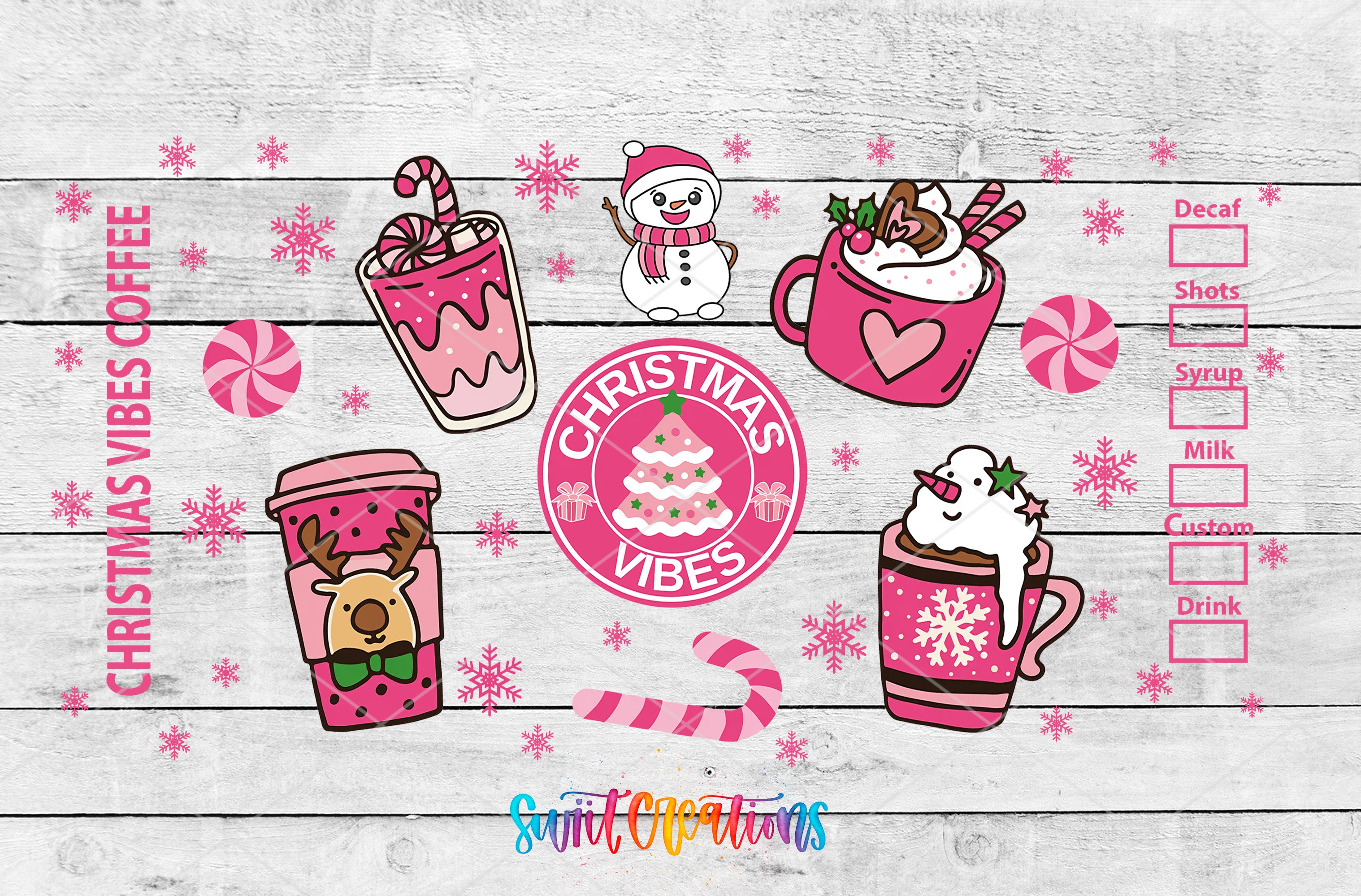 The image is a collage of various Christmas-themed illustrations, including a snowman, a cup of coffee, a mug of hot chocolate, a cup of whipped cream, a cup of milk, and a cup of coffee. The illustrations are surrounded by pink snowflakes and the text "Christmas VIBES" and "Coffee".