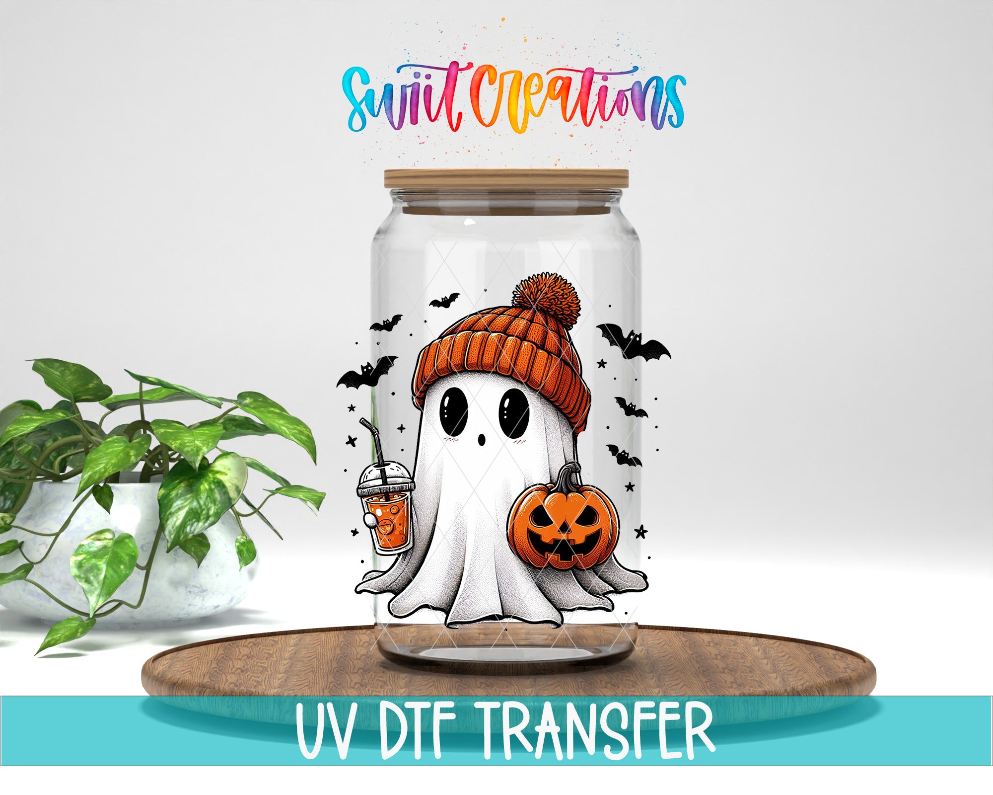 A Halloween-themed illustration of a ghost wearing a knit hat and holding a pumpkin, with bats flying around it, inside a glass jar.