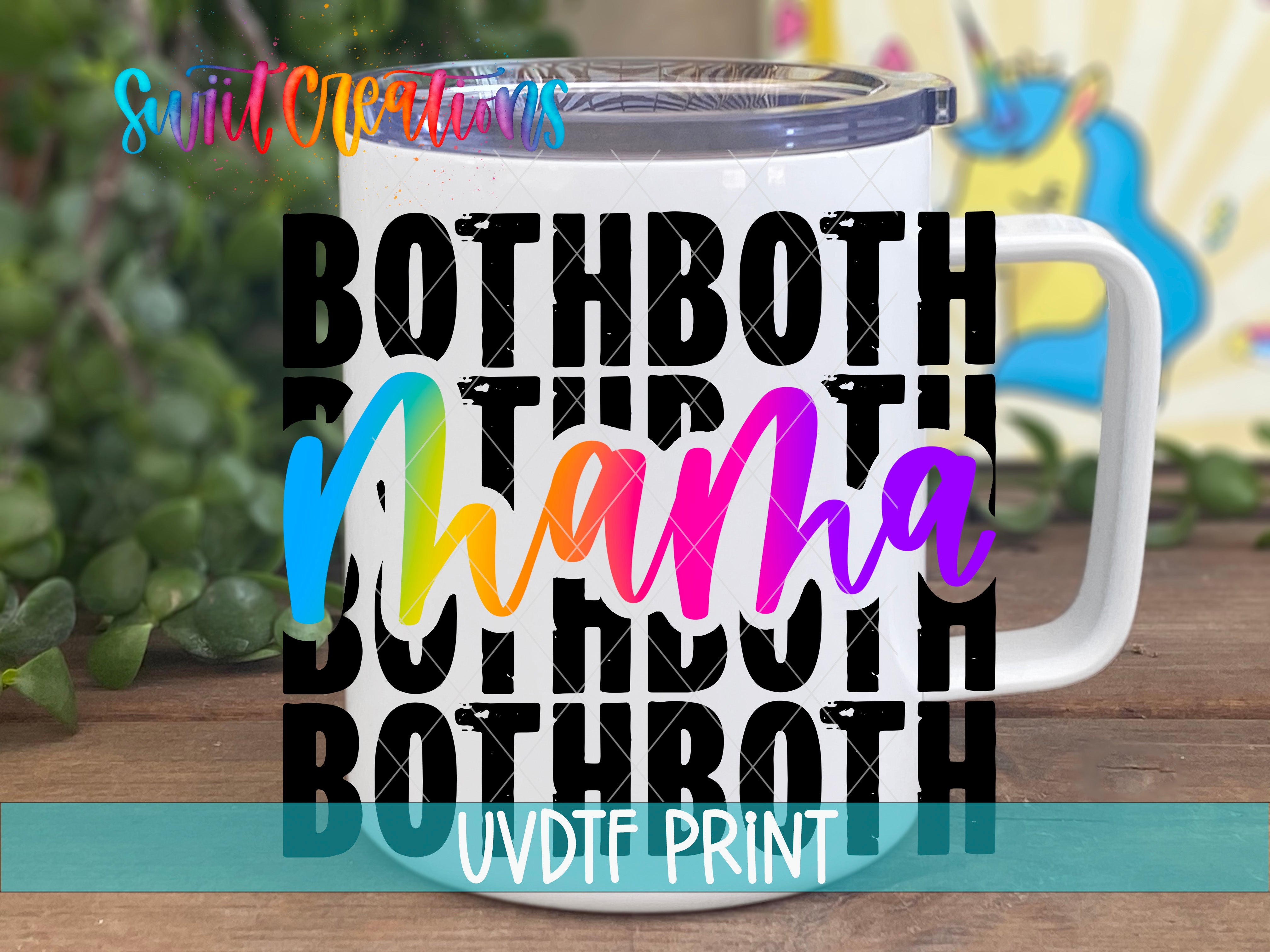 A white mug with the text "BOTH BOTH" printed on it in a colorful, stylized font.