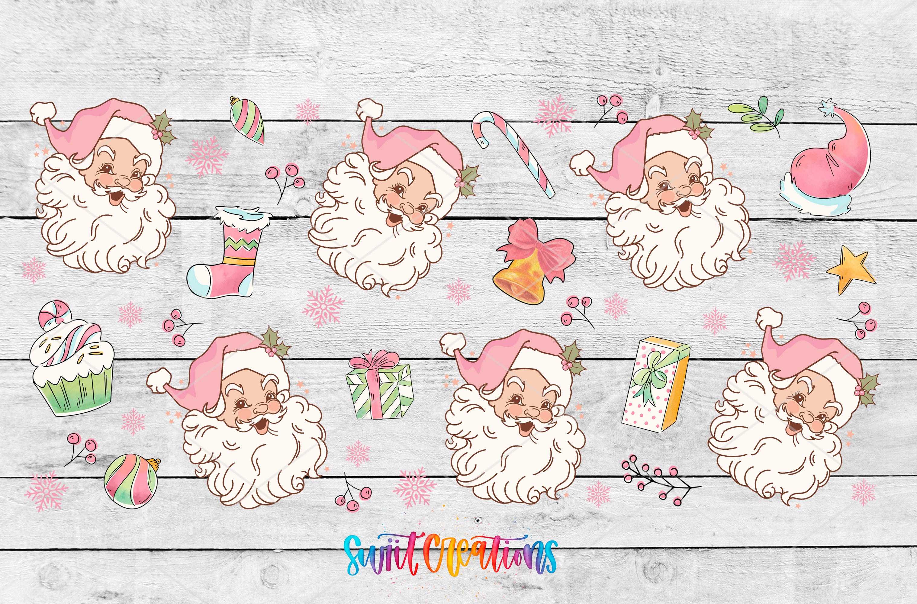 A collage of various Christmas-themed illustrations, including Santa Claus, candy canes, presents, and other festive elements, all set against a wooden background.