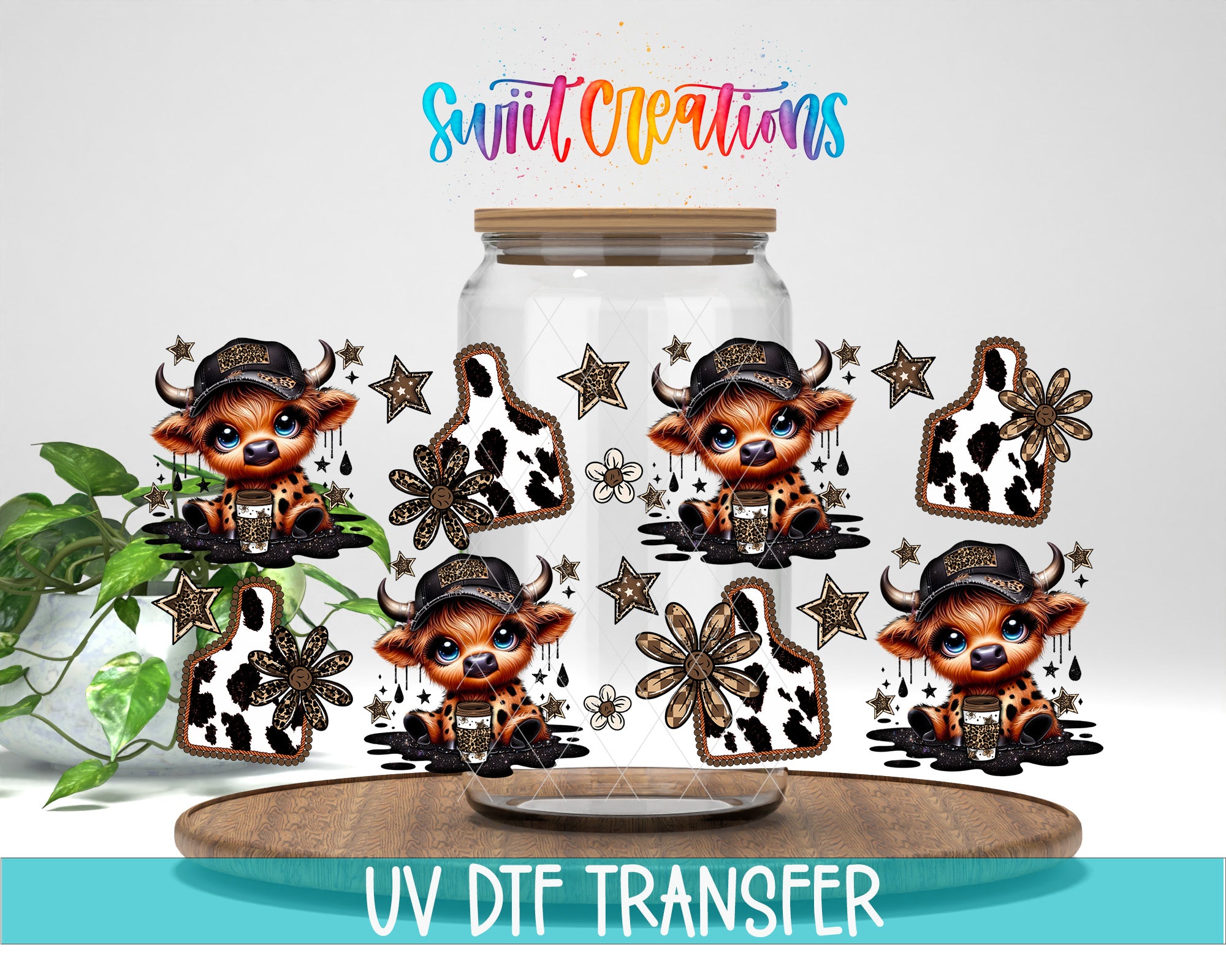 The image is a collage featuring a cow character surrounded by various decorative elements such as stars, flowers, and a wooden tray. The cow character is wearing a hat and appears to be sitting on a wooden surface. The collage is accompanied by the text "Swit Creations" and "UV Dtf Transfer", indicating that the image is likely a product or design for UV Dtf transfer.