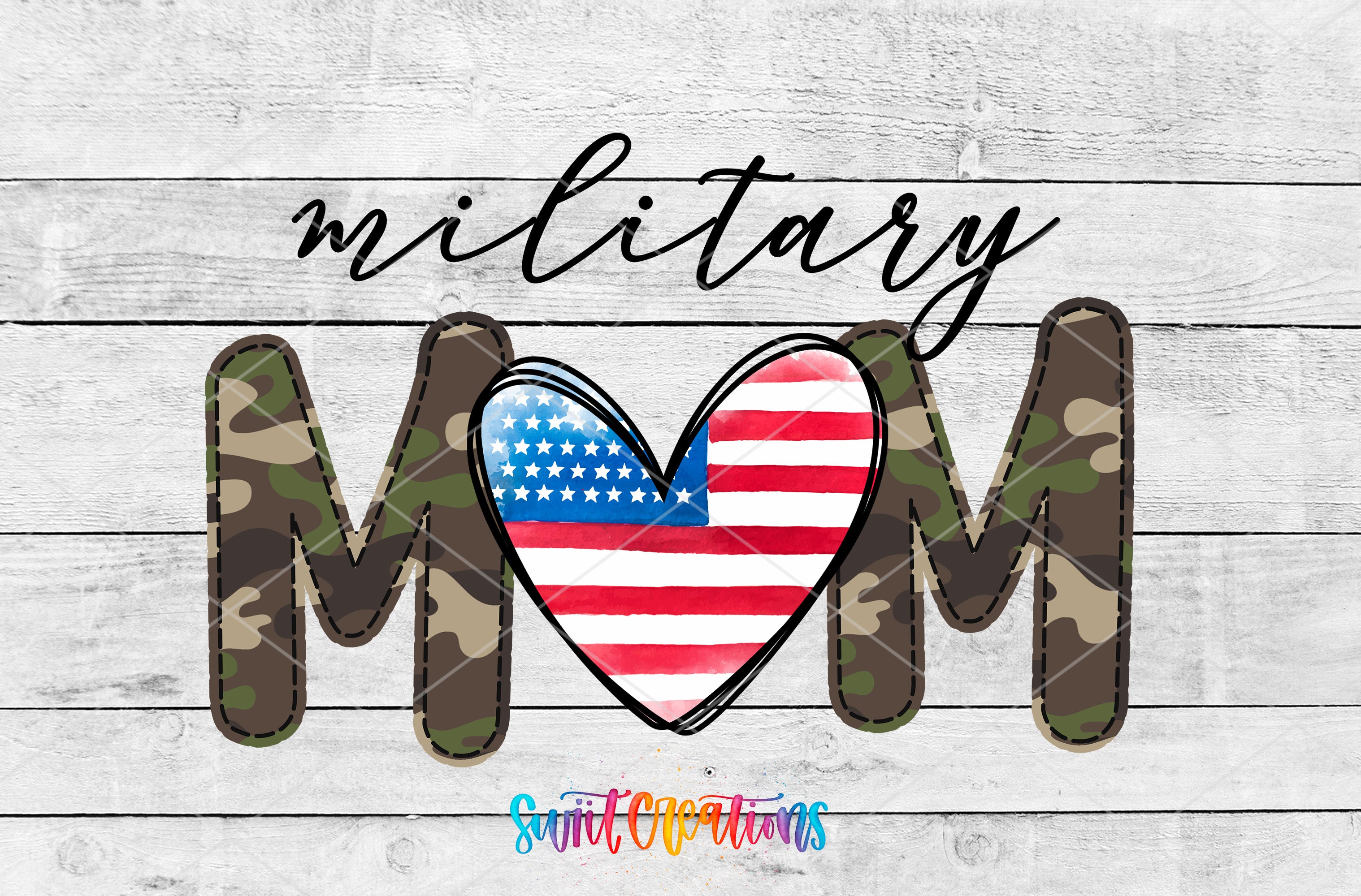 A graphic design featuring the word "MILITARY" with a heart shape containing the American flag inside it, all set against a white wooden background.