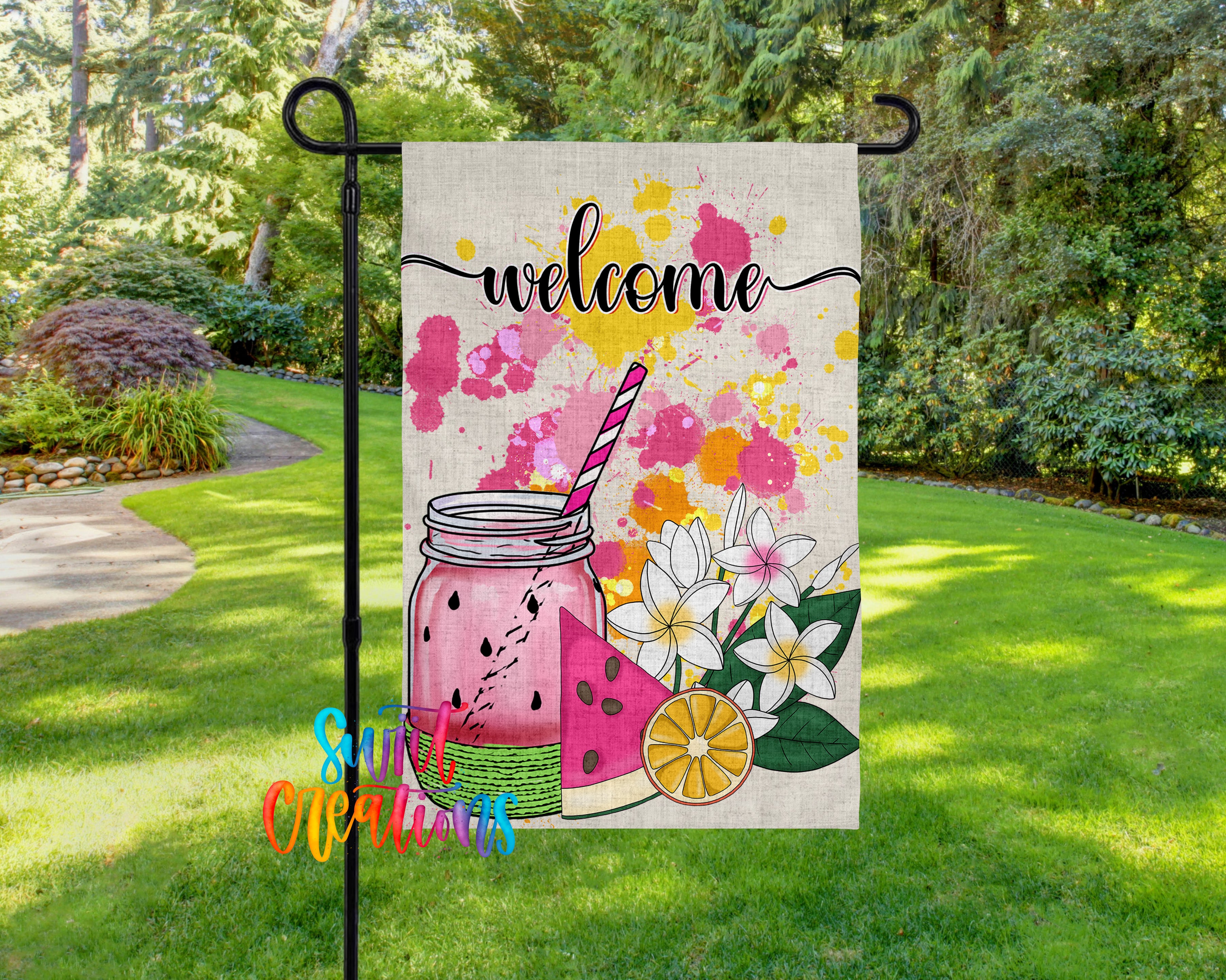 A colorful banner with a mason jar and various fruits, including watermelon, lemon, and orange, is displayed in a lush green garden setting.