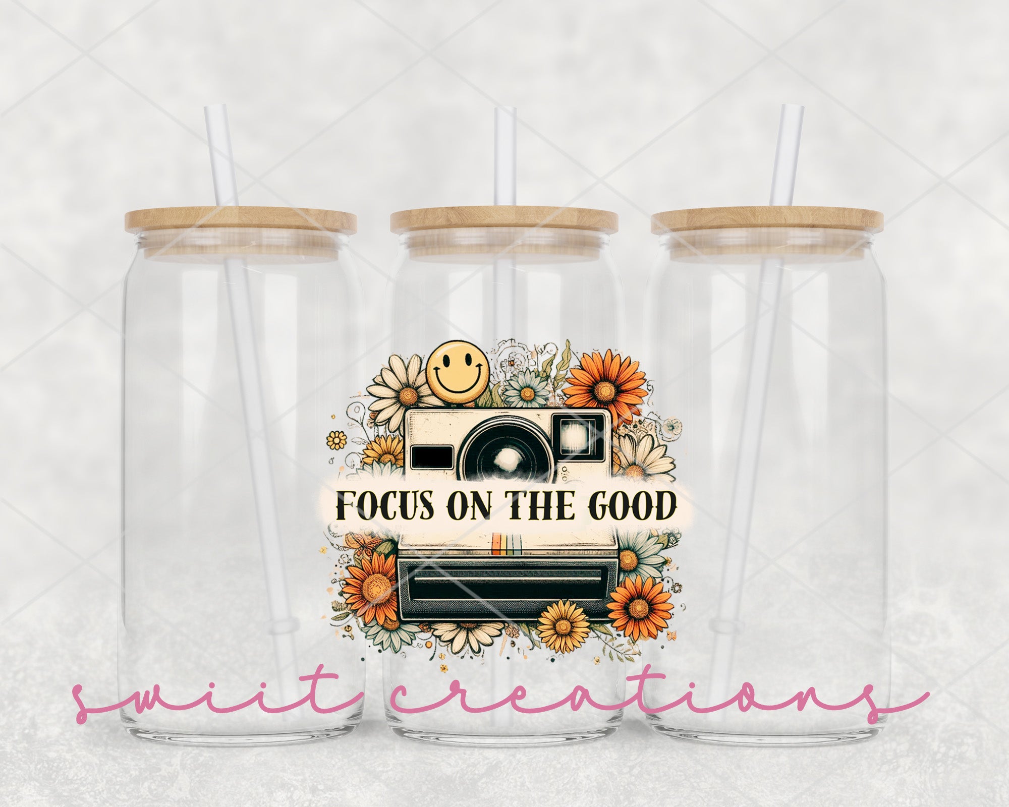 two clear tumblers with the words focus on the good written on them