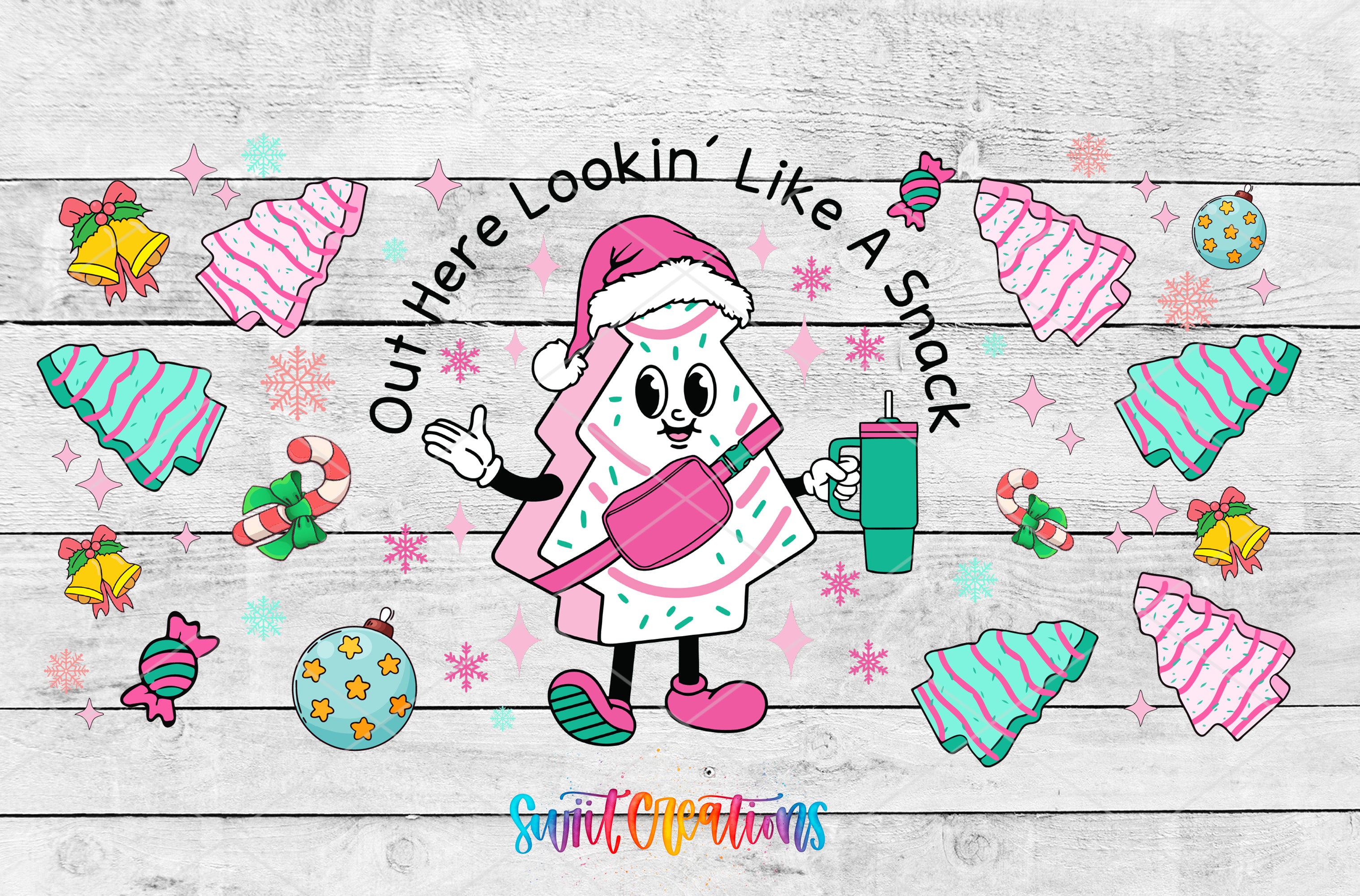 A whimsical illustration of a character resembling a Christmas tree, wearing a Santa hat and holding a cup, surrounded by various festive elements such as snowflakes, ornaments, and a snowman.