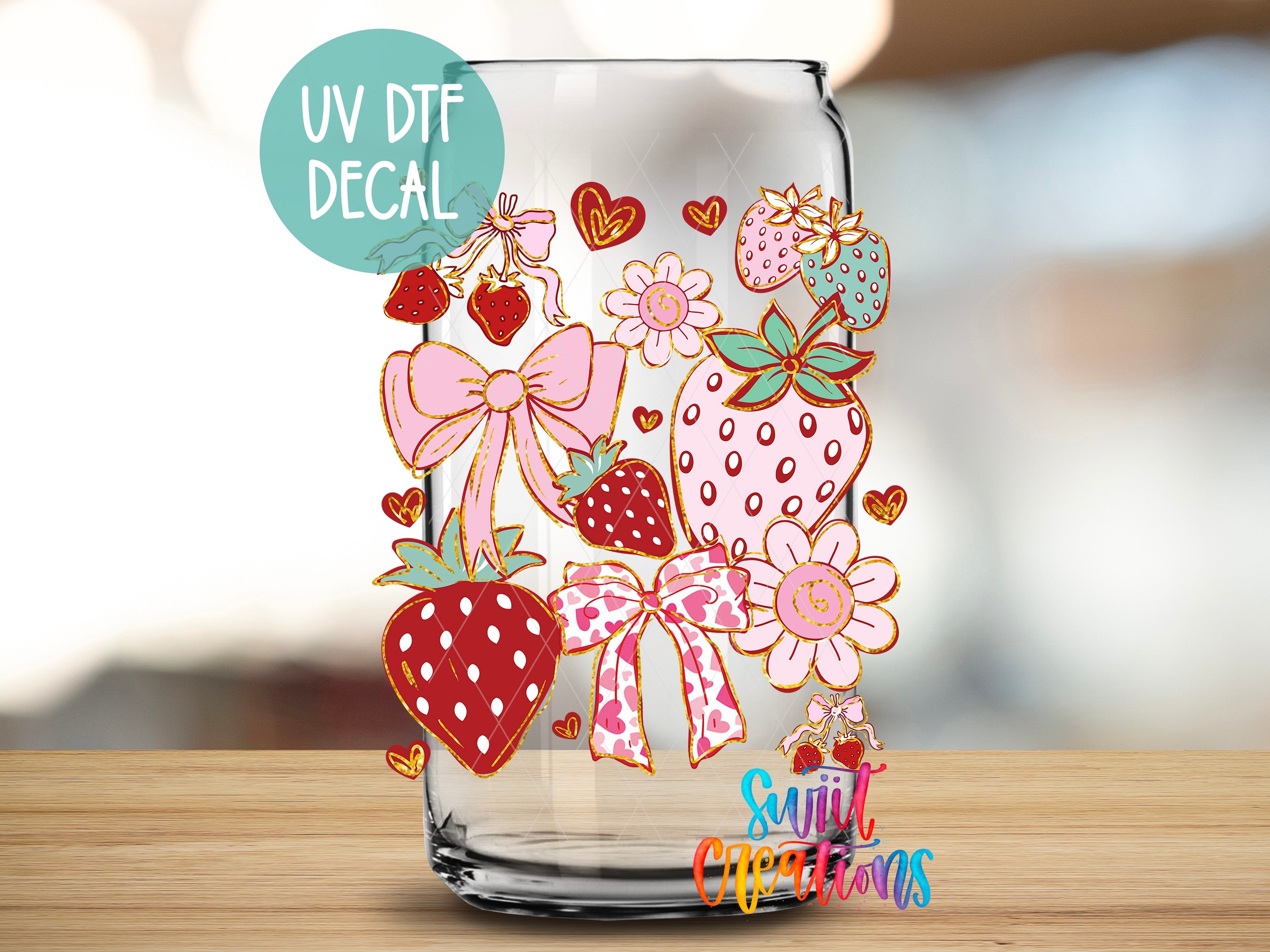 A glass jar with a UV decal featuring various colorful illustrations of strawberries, flowers, and bows.