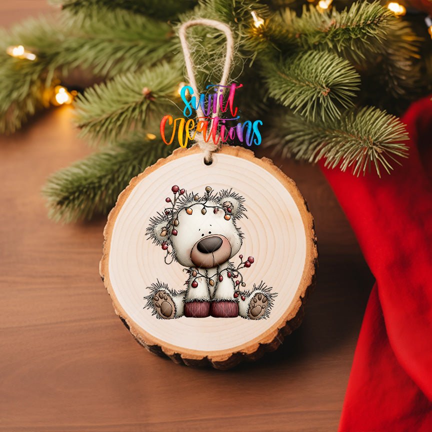 Christmas Lights White Bear Ornament UV DTF Transfer | Santa Hat Bear Tangled in Colorful Bulbs | O-2178 - Swiit Creations