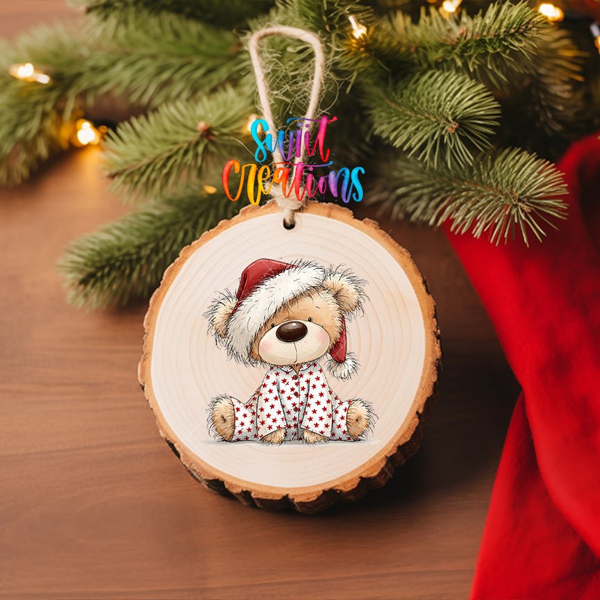 Christmas Pajama Teddy Bear Ornament UV DTF Transfer | Cozy Bear in Red Star Sleepwear | O-2173 - Swiit Creations