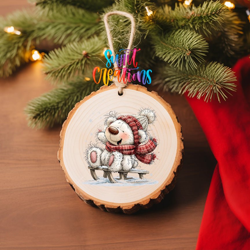 Christmas Tree White Bear Ornament UV DTF Transfer | Santa Bear with Red Berries and Gifts | O-2180 - Swiit Creations