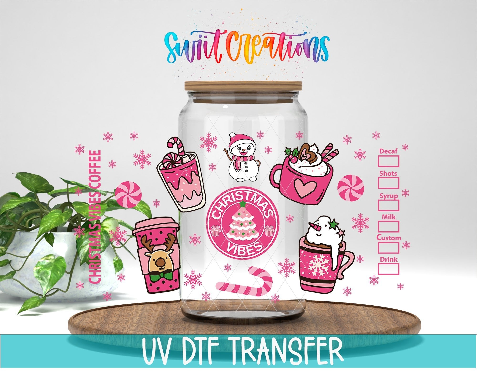 Christmas Vibes Coffee Pink Holiday UV DTF Transfer Tumbler Wrap | DTF114 - Swiit Creations