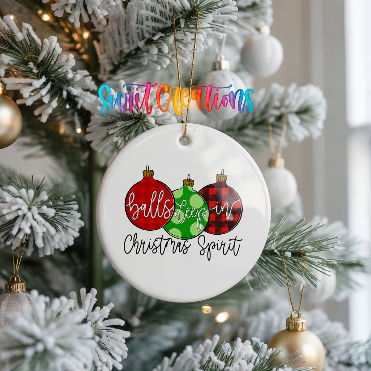 Balls Deep in Christmas Spirit Funny ceramic Christmas ornament holiday product view
