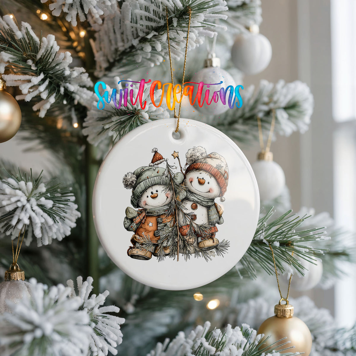 Snowman Pair in Orange and Gray Hats ceramic Christmas ornament holiday product view