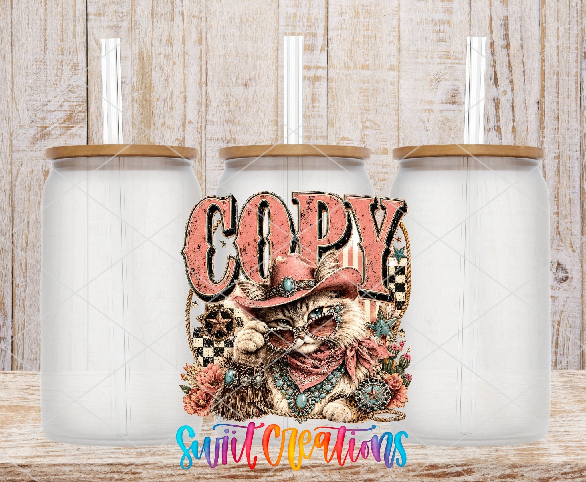 Copy Cat Western Glam Cat UV DTF Transfer | Retro Cowgirl Cat Drinkware Design | UV2086 - Swiit Creations