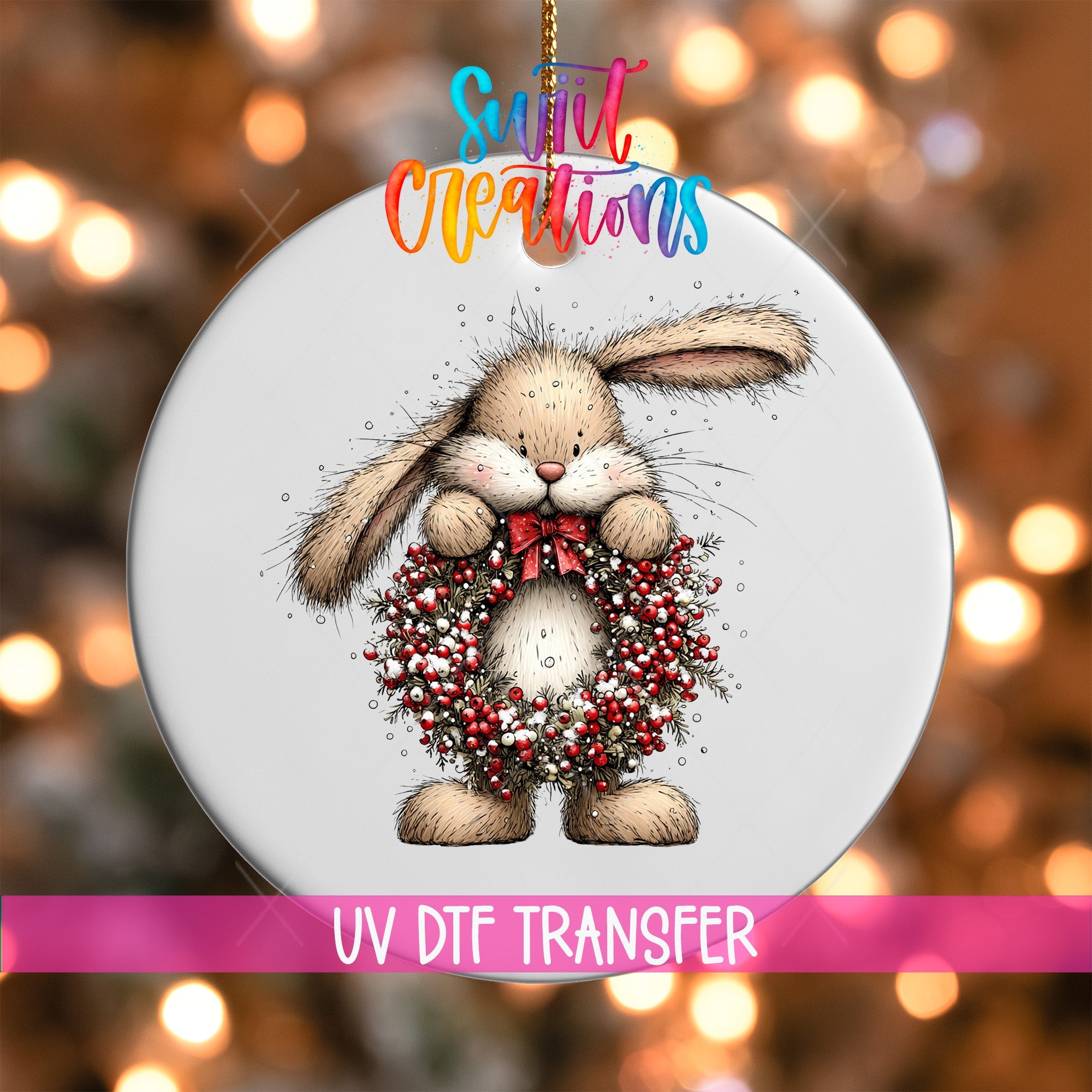 Cute Bunny With Berry Wreath UV DTF Ornament Transfer | O-1909 - Swiit Creations
