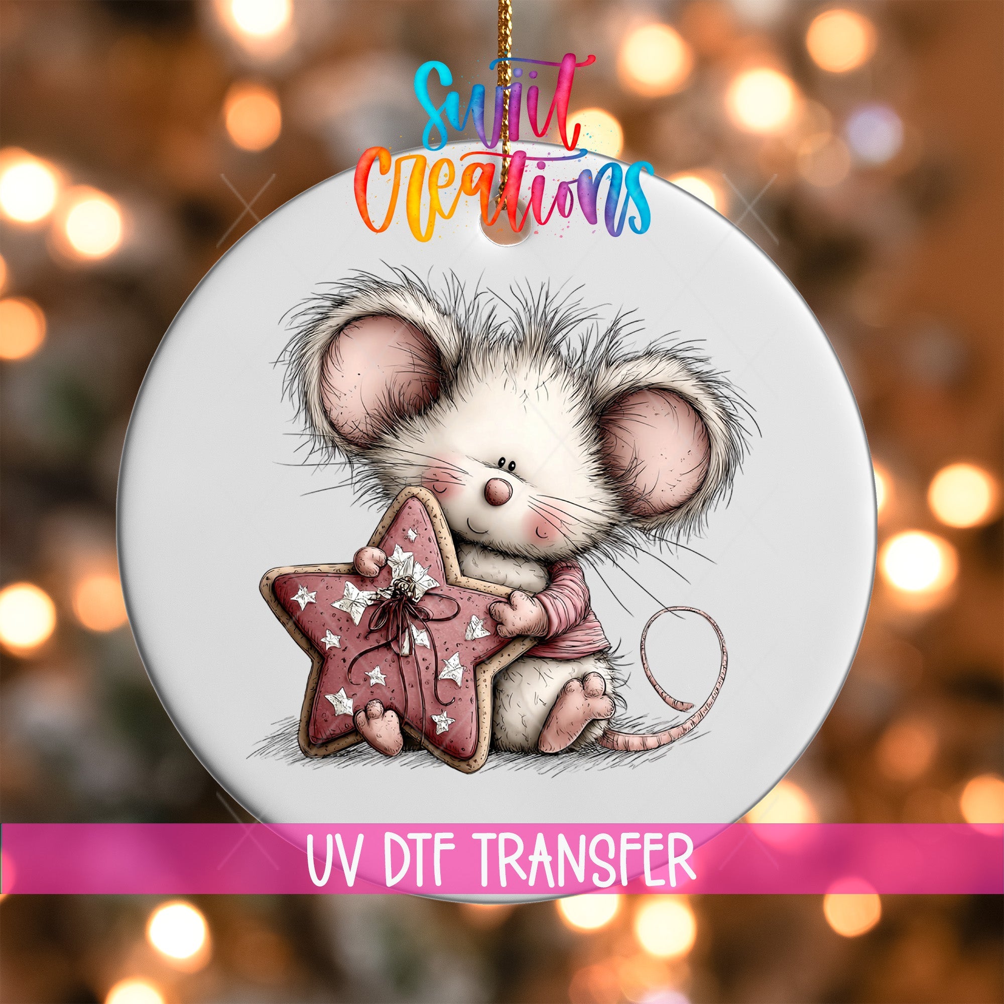 Cute Mouse With Pink Star UV DTF Ornament Transfer | O-1933 - Swiit Creations