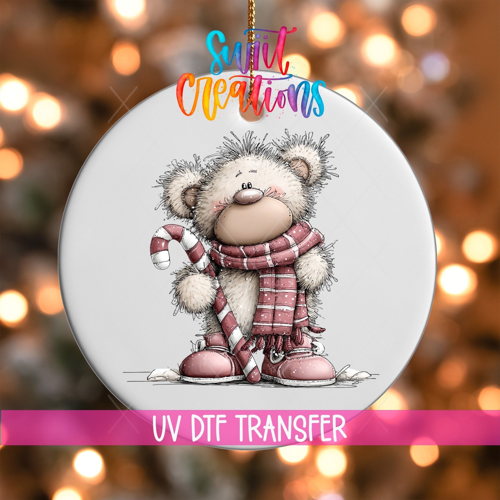 Cute Pink Bear With Candy Cane UV DTF Ornament Transfer | O-1952 - Swiit Creations