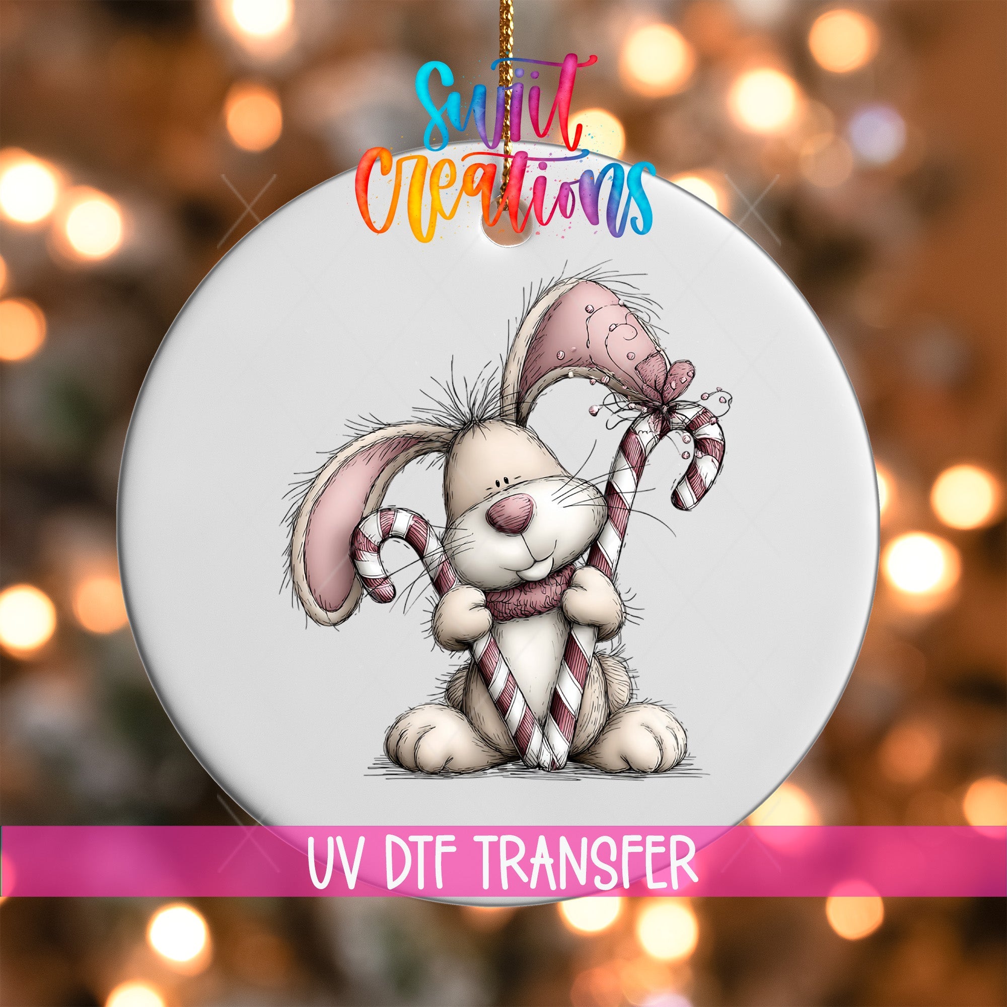 Cute Pink Bunny With Candy Cane UV DTF Ornament Transfer | O-1947 - Swiit Creations