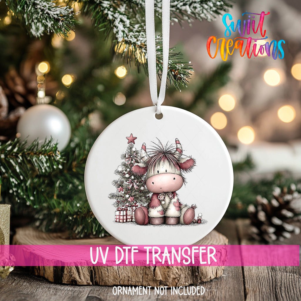 Cute Pink Christmas Highland Cow UV DTF Ornament Transfer | O-1972 - Swiit Creations