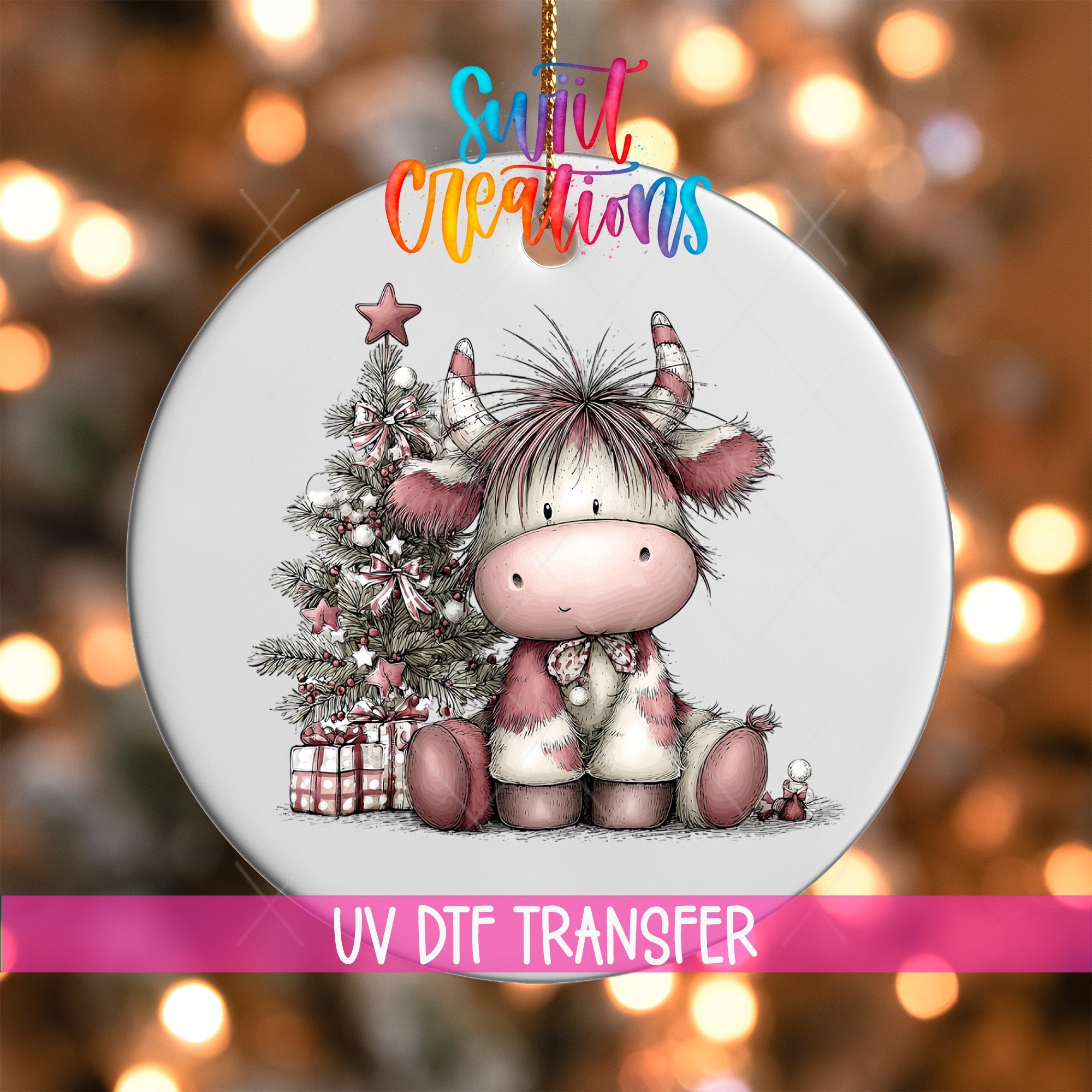 Cute Pink Christmas Highland Cow UV DTF Ornament Transfer | O-1972 - Swiit Creations