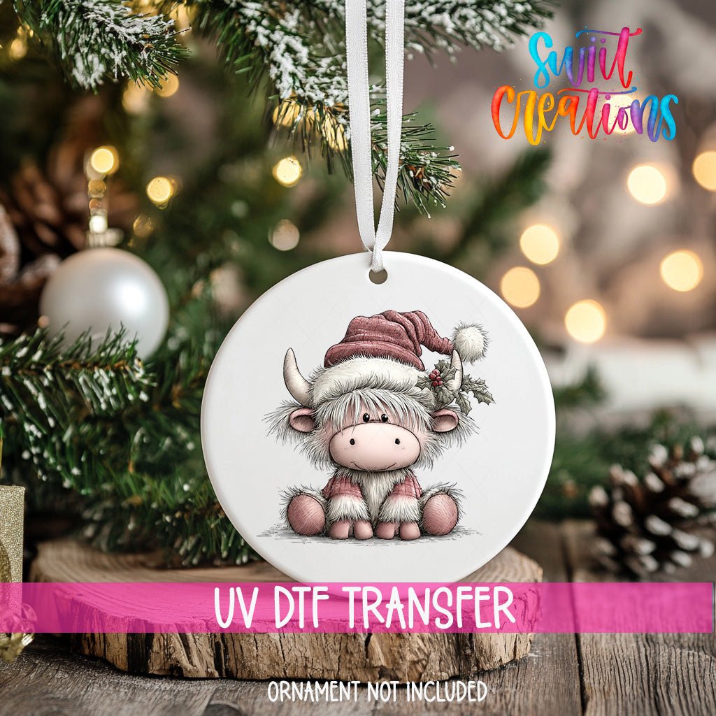 Cute Pink Christmas Highland Cow UV DTF Ornament Transfer | O-1976 - Swiit Creations