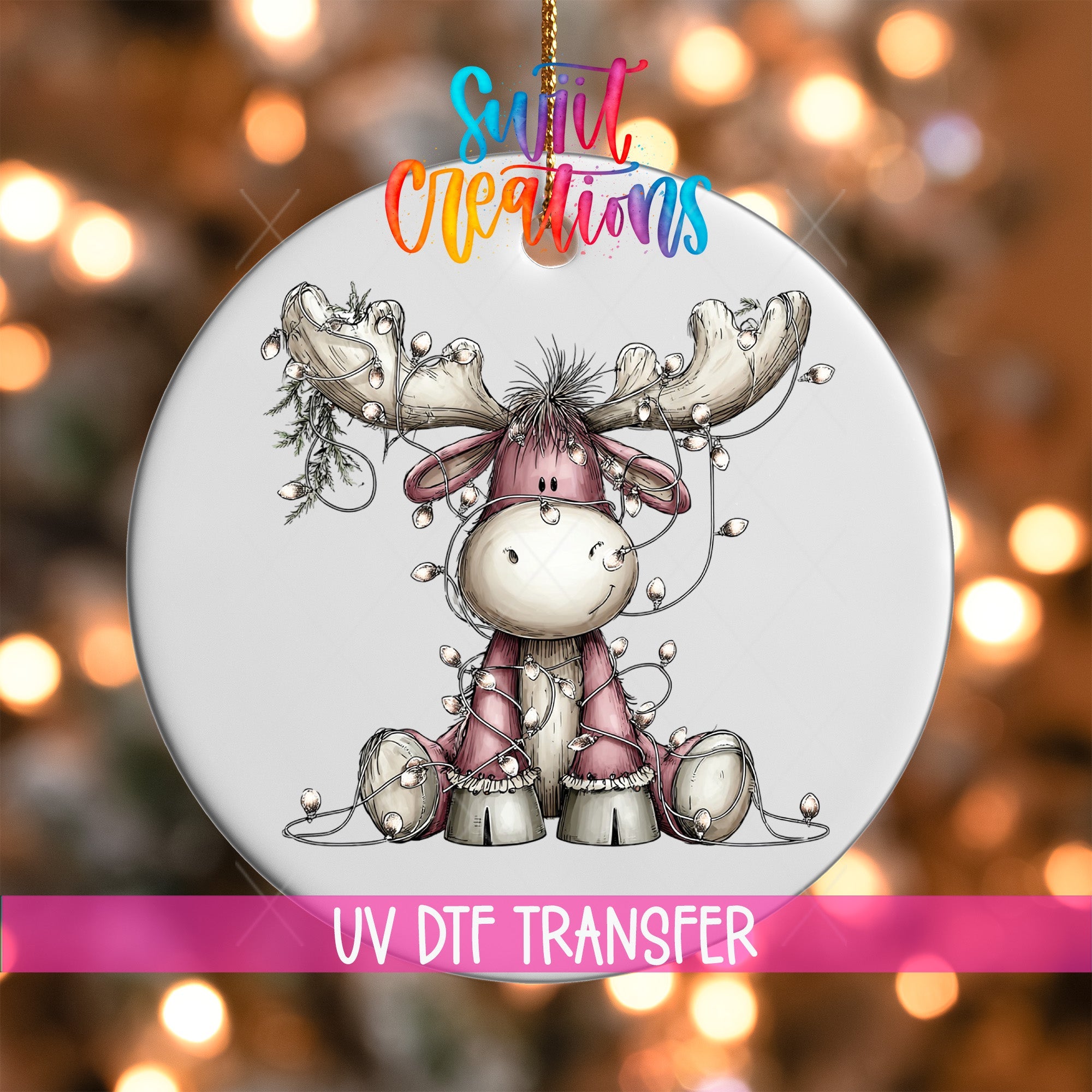 Cute Pink Moose With Lights UV DTF Ornament Transfer | O-1934 - Swiit Creations