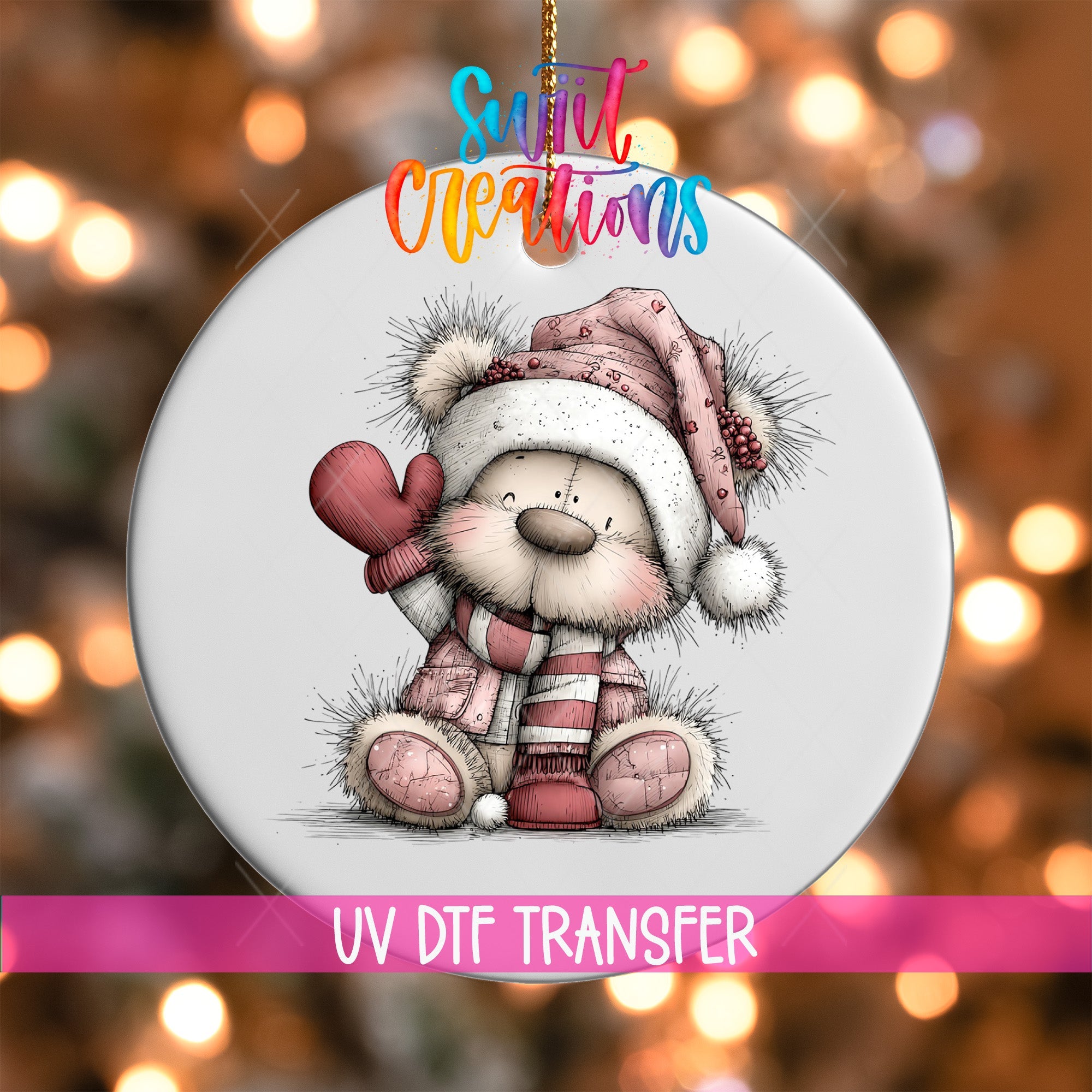 Cute Pink Winter Bear Waving Christmas UV DTF Ornament Transfer | O-1955 - Swiit Creations