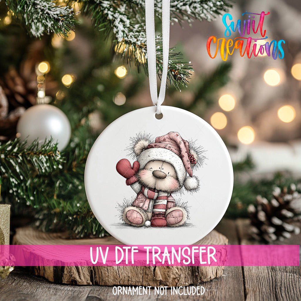 Cute Pink Winter Bear Waving Christmas UV DTF Ornament Transfer | O-1955 - Swiit Creations
