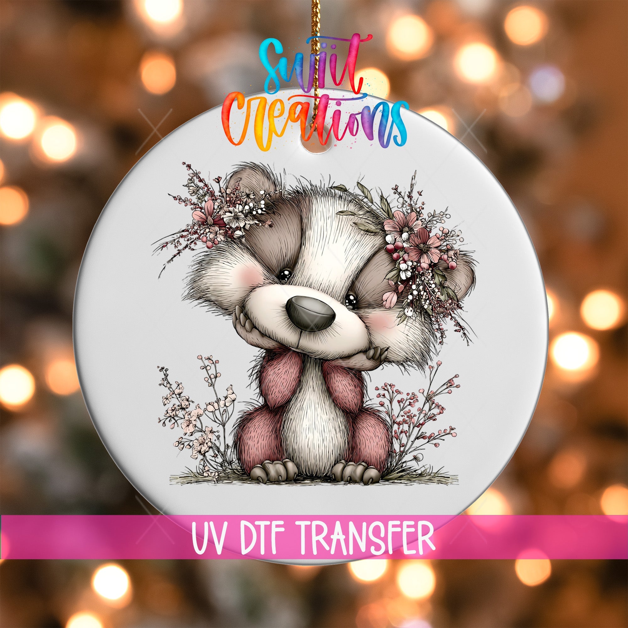 Cute Pink Woodland Raccoon UV DTF Ornament Transfer | O-1956 - Swiit Creations