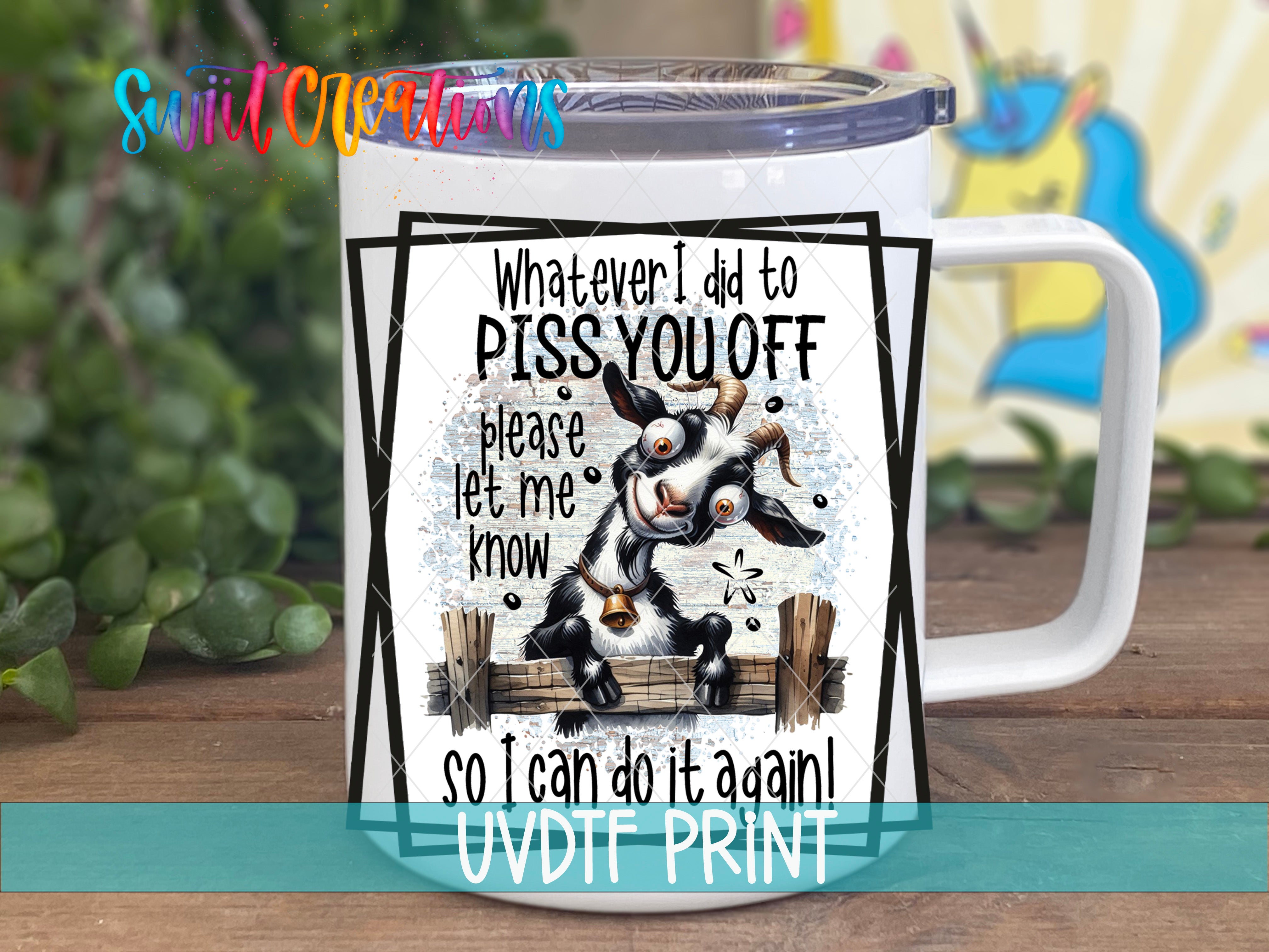A white mug with a humorous text and graphic design printed on it, placed on a wooden surface.