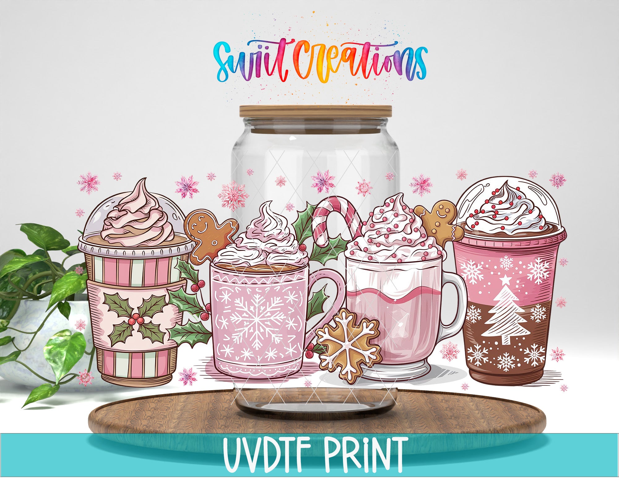 a collection of colorful and whimsical illustrations of hot beverages, including iced coffee, hot chocolate, and hot cocoa, along with festive decorations like gingerbread cookies and snowflakes.