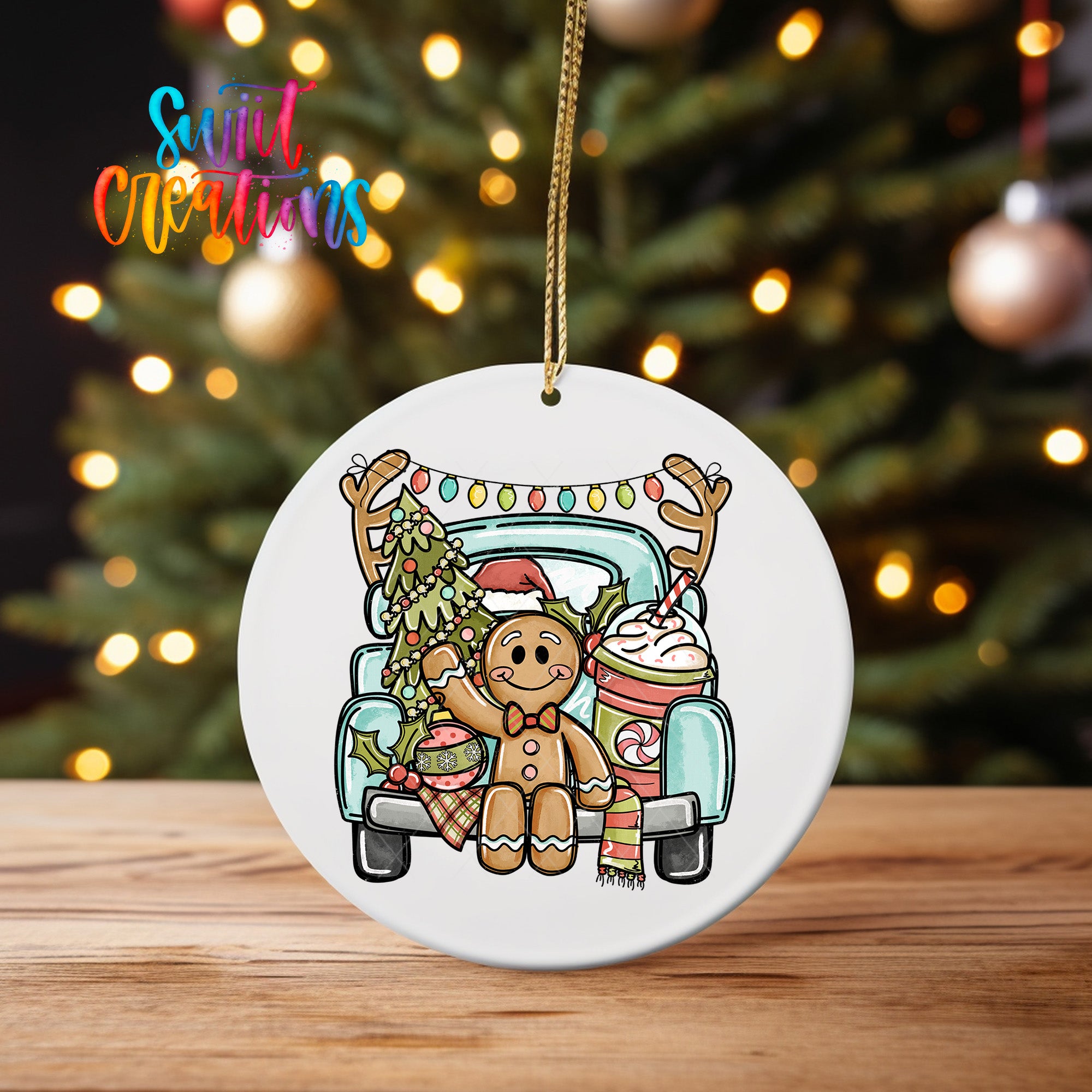 A white ornament featuring a gingerbread man riding in a truck, with a Christmas tree and ornaments in the background.