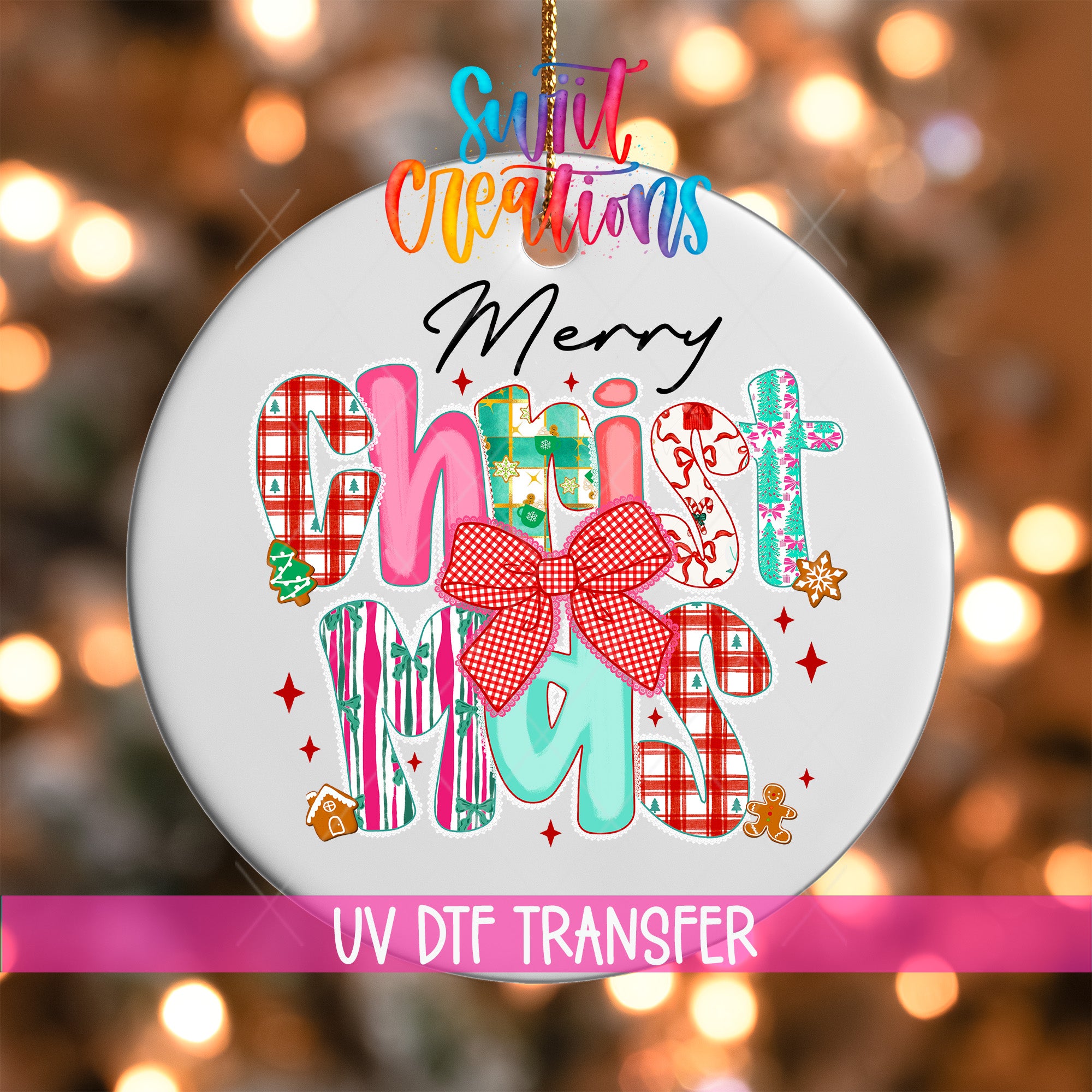 A colorful ornament with the text "Merry Christmas" and various Christmas-themed elements, such as a bow, snowflakes, and a gingerbread house.