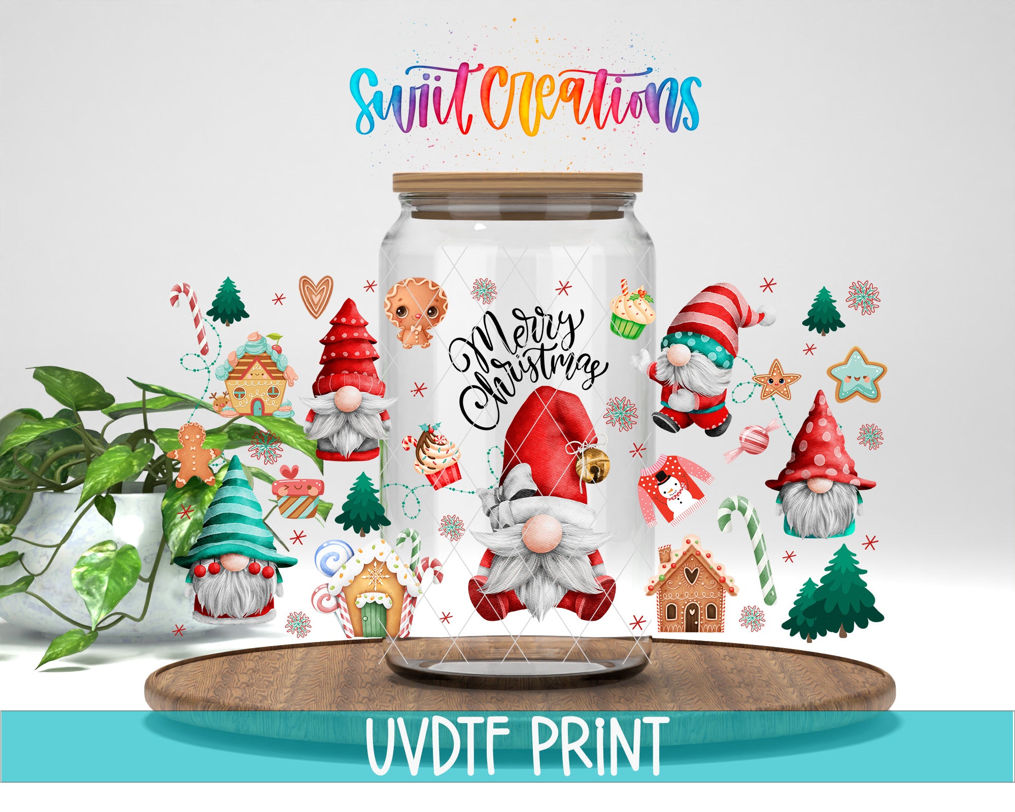 a glass jar filled with various Christmas-themed gnomes and decorations, including a "Merry Christmas" sign, surrounded by festive elements such as snowflakes, stars, and gingerbread houses.