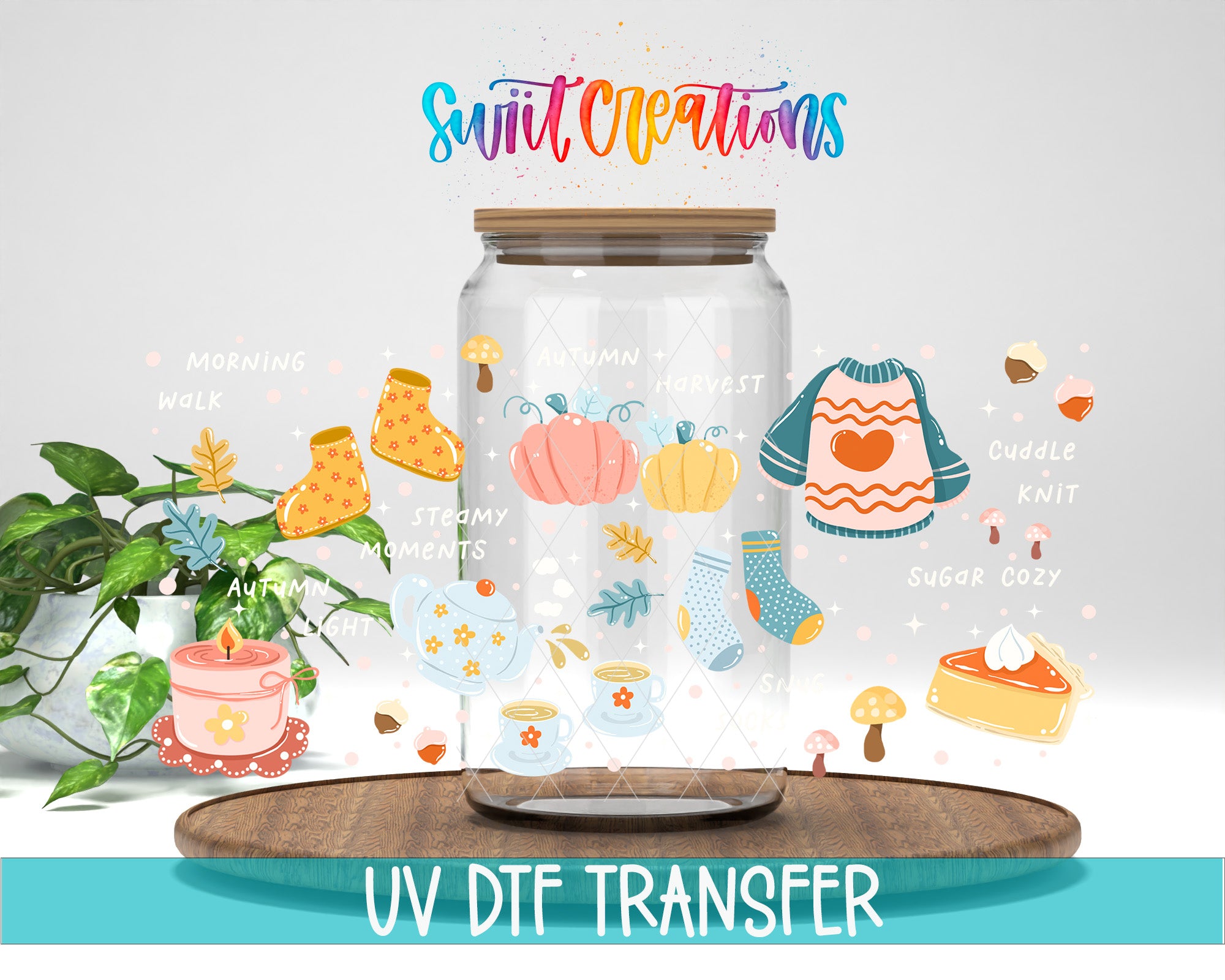 The image is a colorful illustration featuring a glass jar filled with various autumn-themed items, such as pumpkins, leaves, and a sweater. The jar is surrounded by illustrations of other autumn-related objects, such as a mug, a teapot, and a pie. The image also includes text that describes the items inside the jar and the overall theme of the illustration.