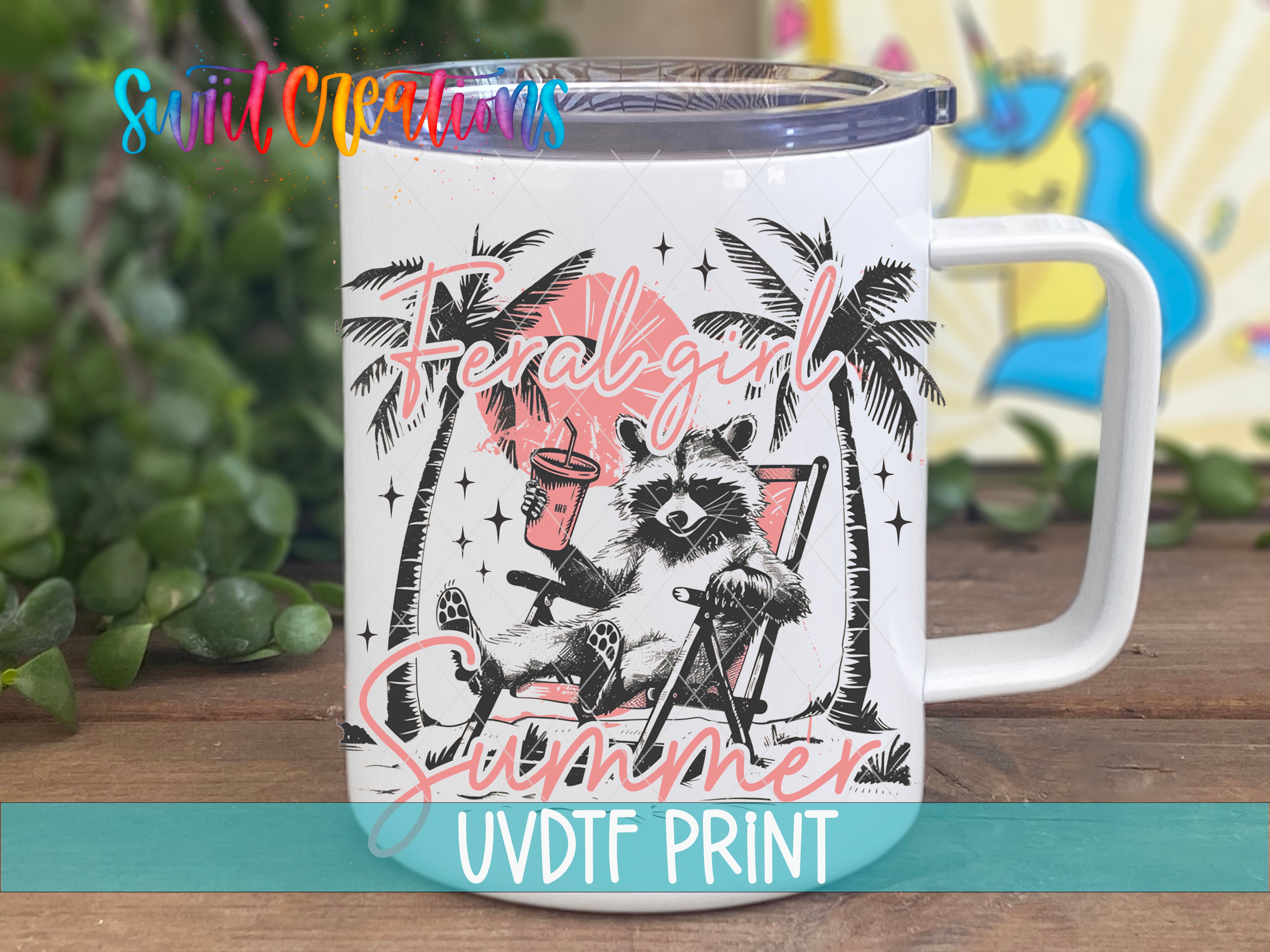 A white mug with a printed design featuring a raccoon sitting in a chair and holding a cup, with palm trees and a sunset in the background.