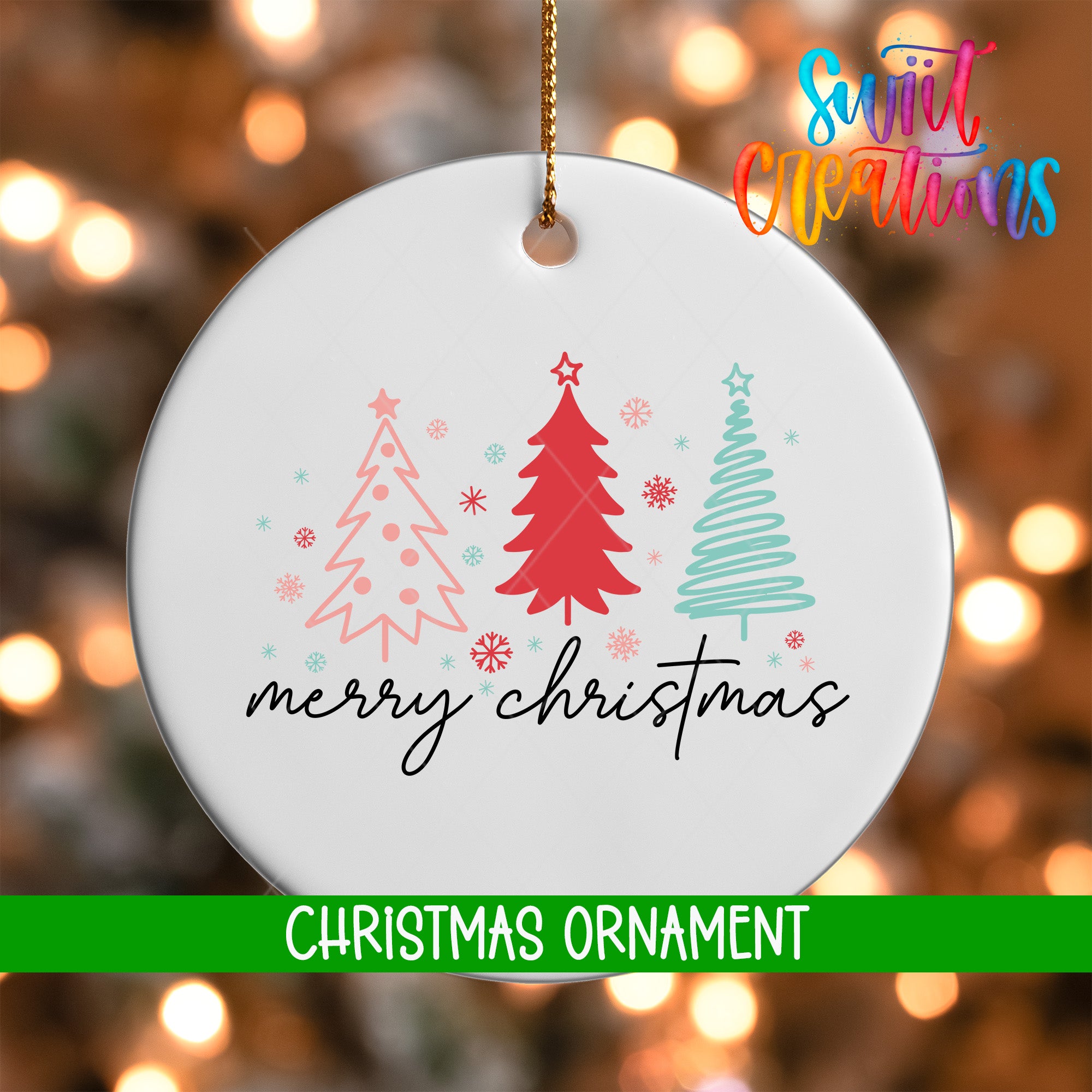A white Christmas ornament with three stylized Christmas trees and snowflakes, along with the text "Merry Christmas" and "Christmas Ornament" printed on it.