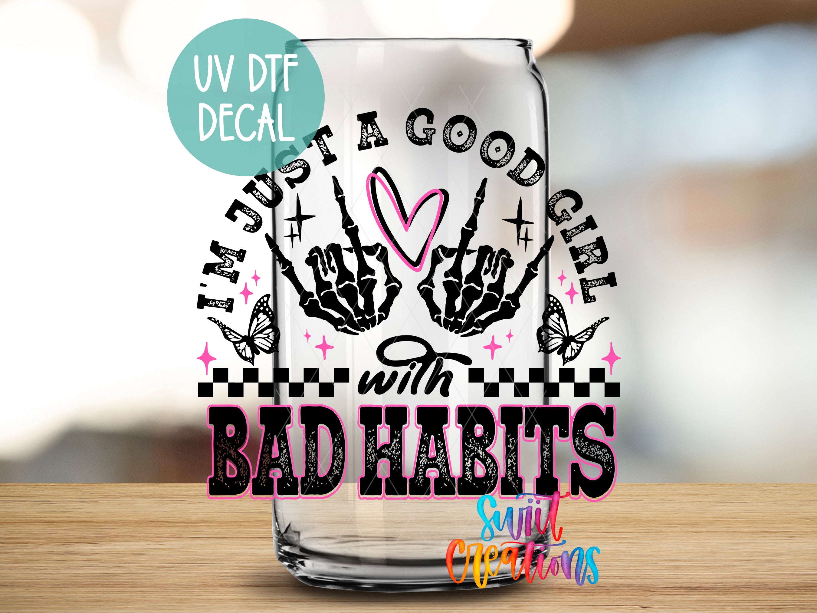a shot glass with the words bad hearts on it
