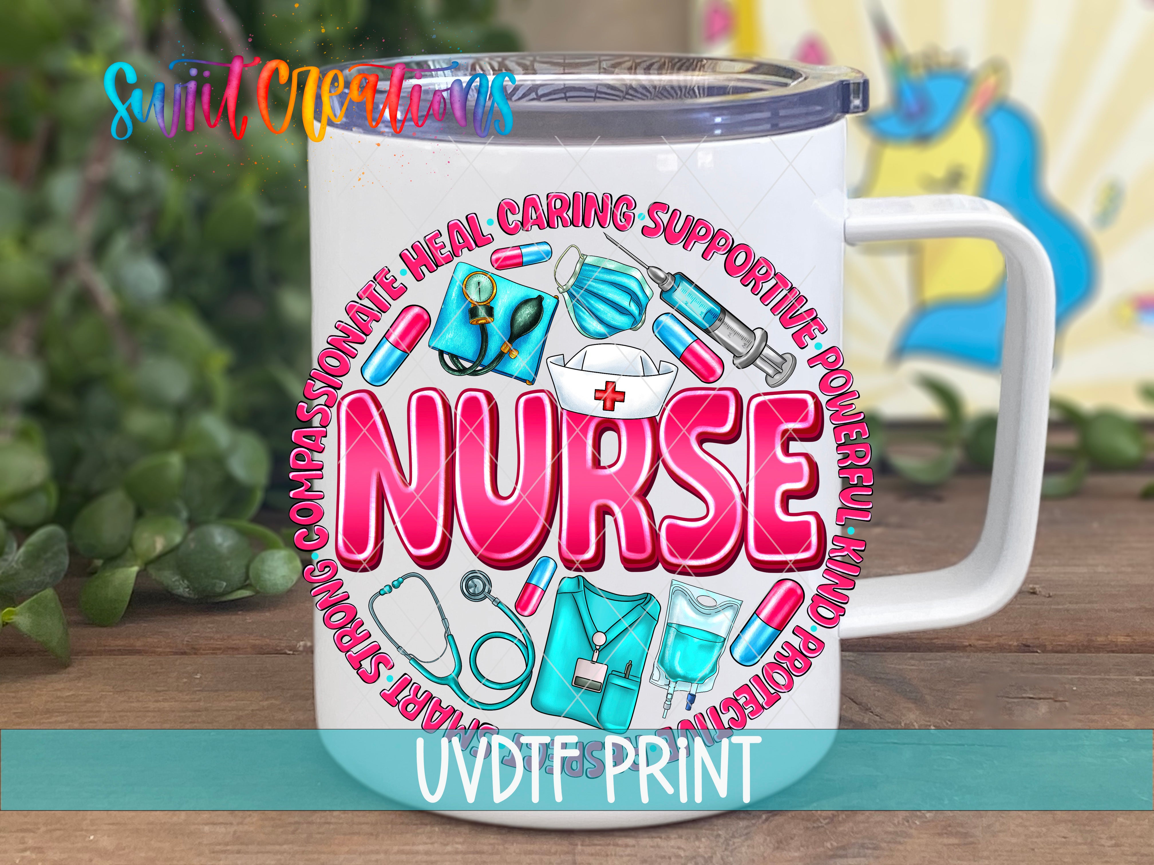 A white mug with a colorful design featuring the word "NURSE" surrounded by medical and healthcare-related items, such as a stethoscope, syringe, and bandages.