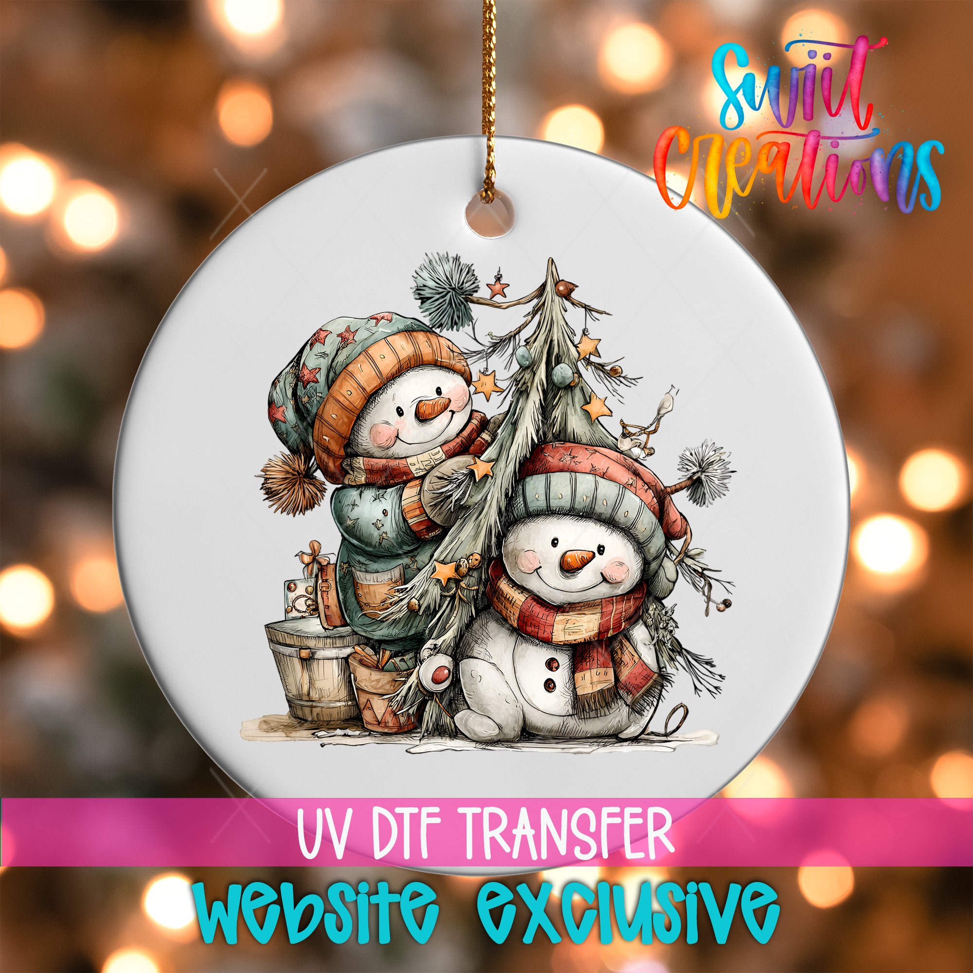 A white ornament with a snowman and a Christmas tree, along with some other decorations, is hanging against a background of colorful lights.