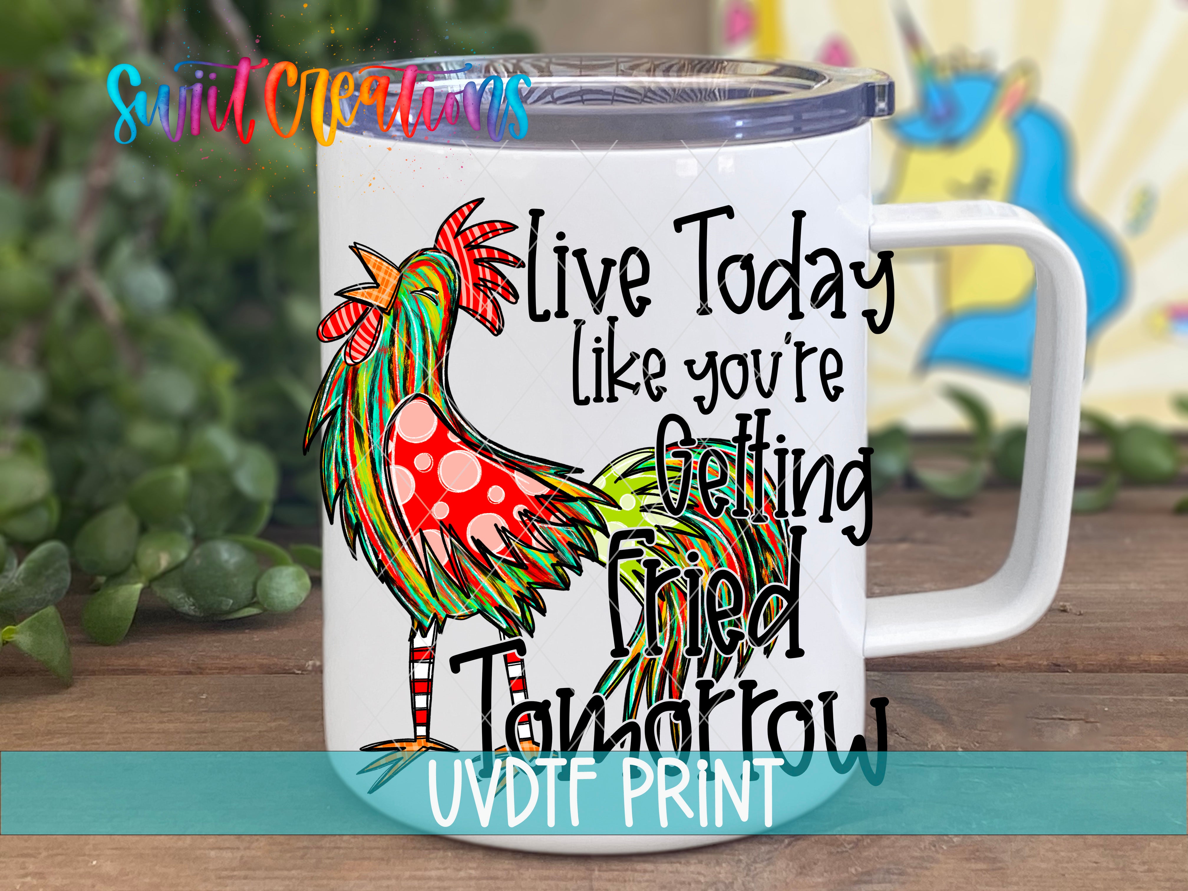 A white mug with a colorful rooster design and text printed on it.