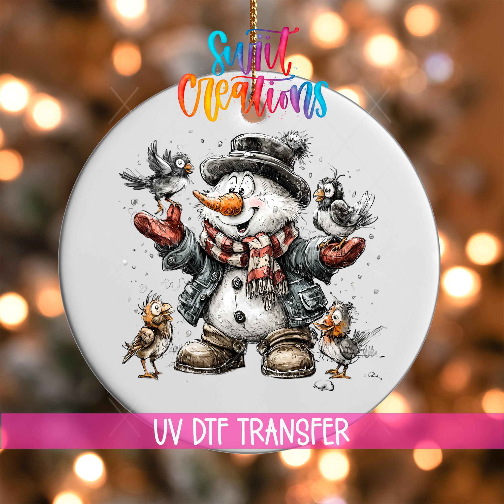 A snowman ornament with a bird perched on its shoulder, surrounded by other birds, against a background of colorful lights.