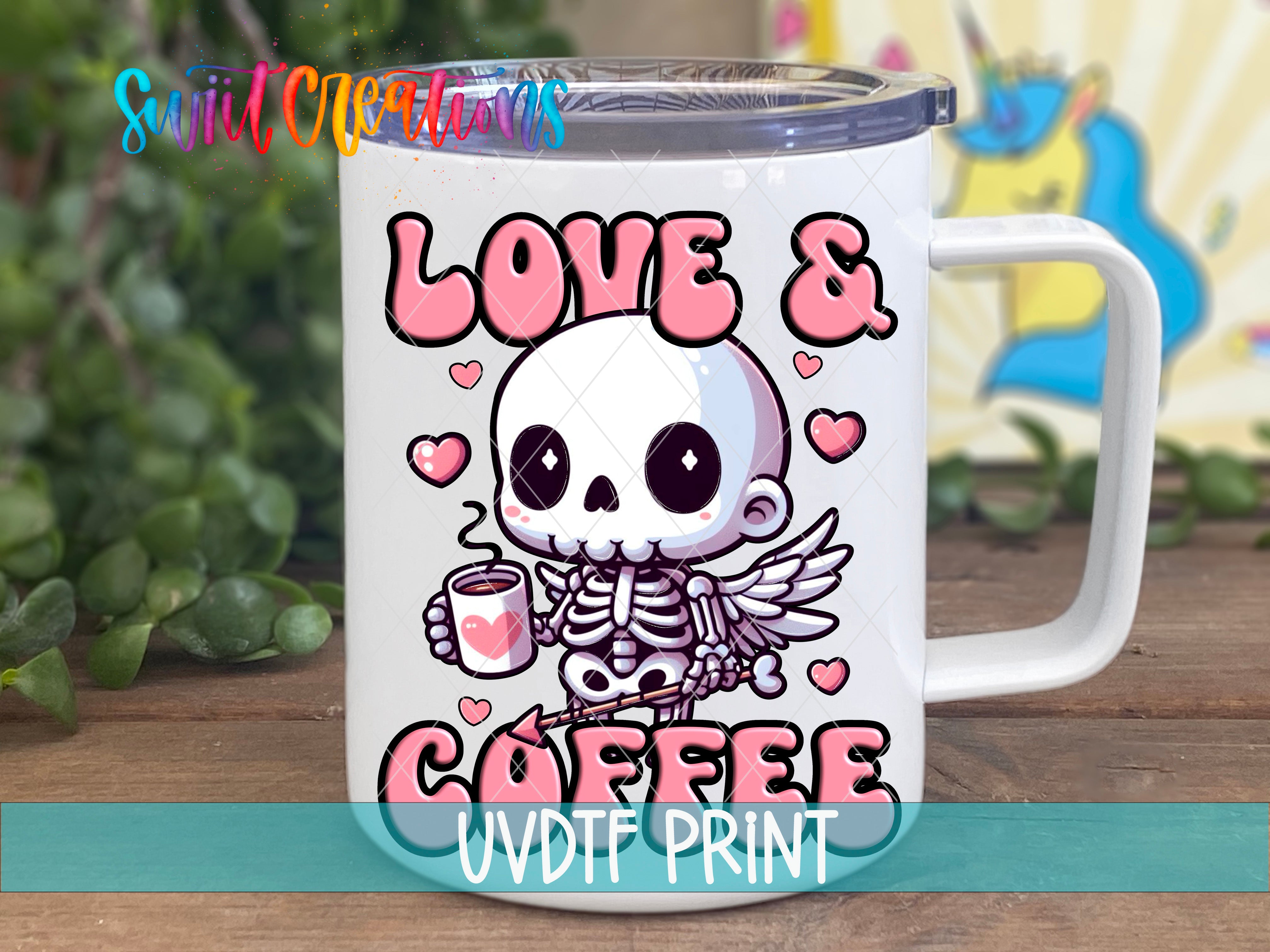 A white ceramic mug with a cartoon skeleton holding a coffee cup and the text "LOVE & COFFEE" printed on it.